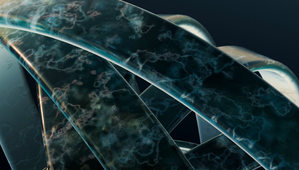 Digital rendering of twisting dark blue and black abstract shapes