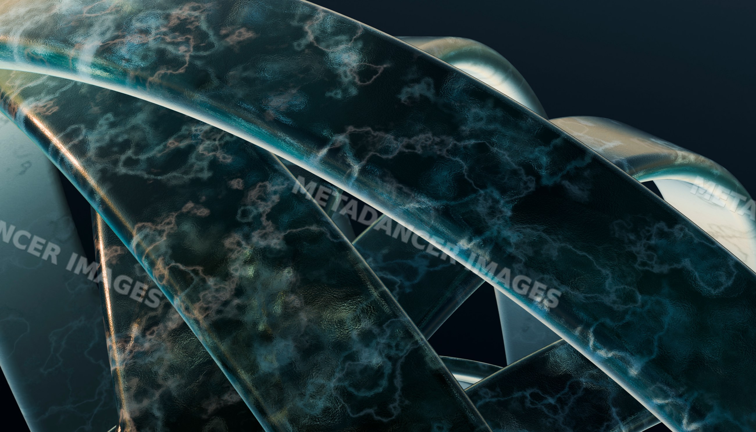 Digital rendering of twisting dark blue and black abstract shapes