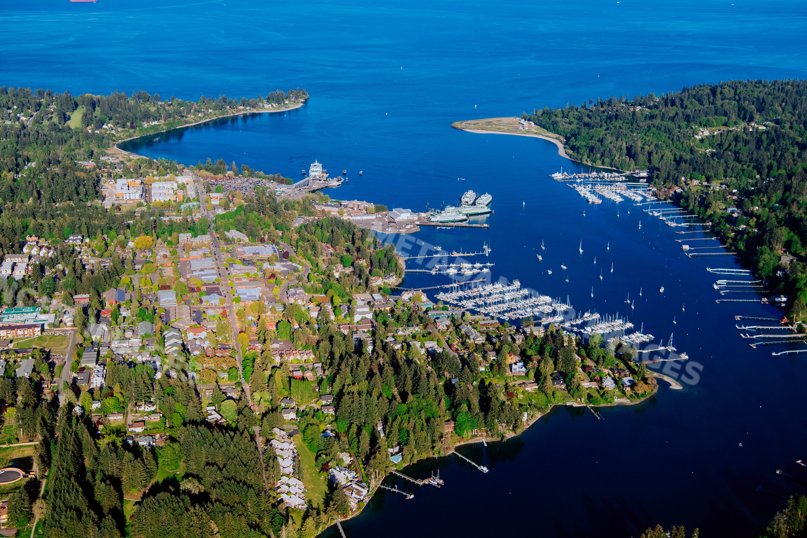 Aerial view of Bainbridge Island and Eagle Harbor marinas on puget