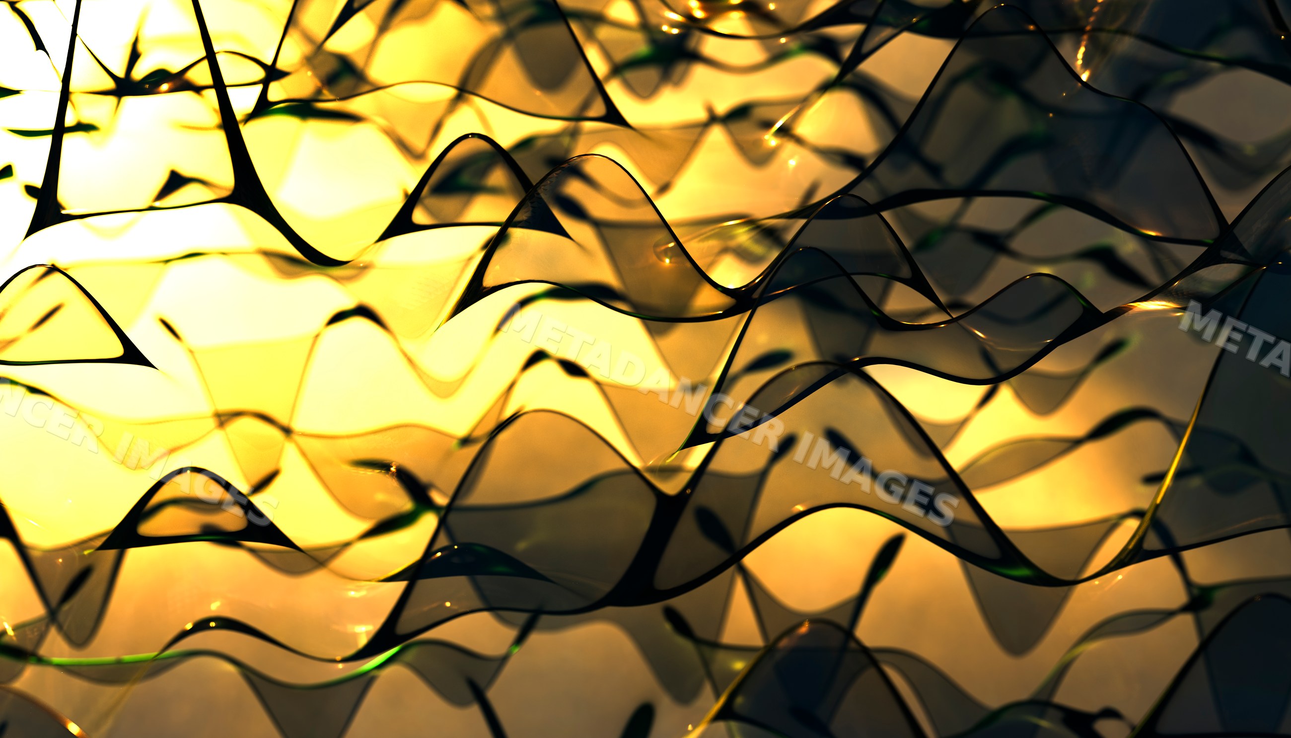 Transparent wavy glass shapes with golden light reflections