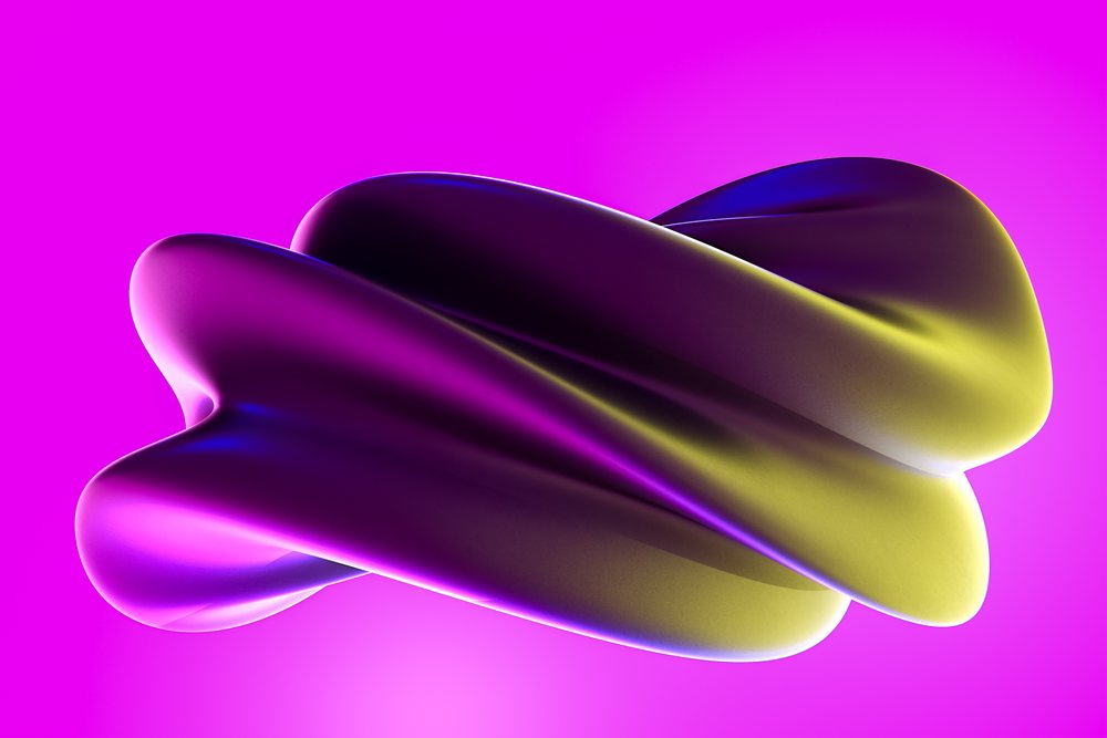 A 3d rendered abstract shape with smooth purple and yellow curves