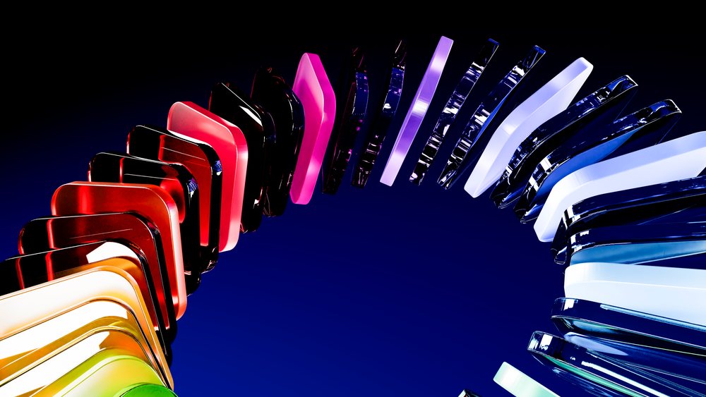 Colorful acrylic shapes arranged in a curved arch digital illustration