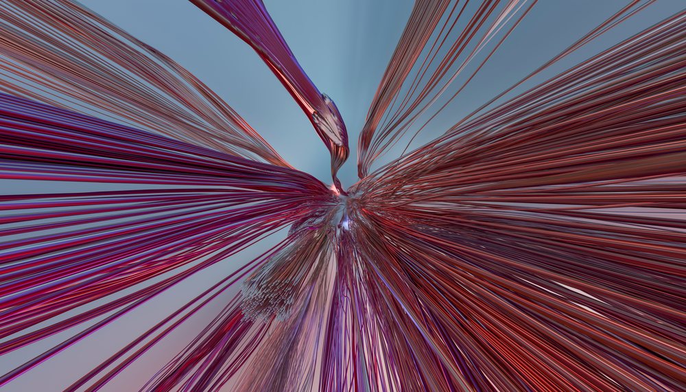Contemporary abstract sculpture with twisted red metal strands