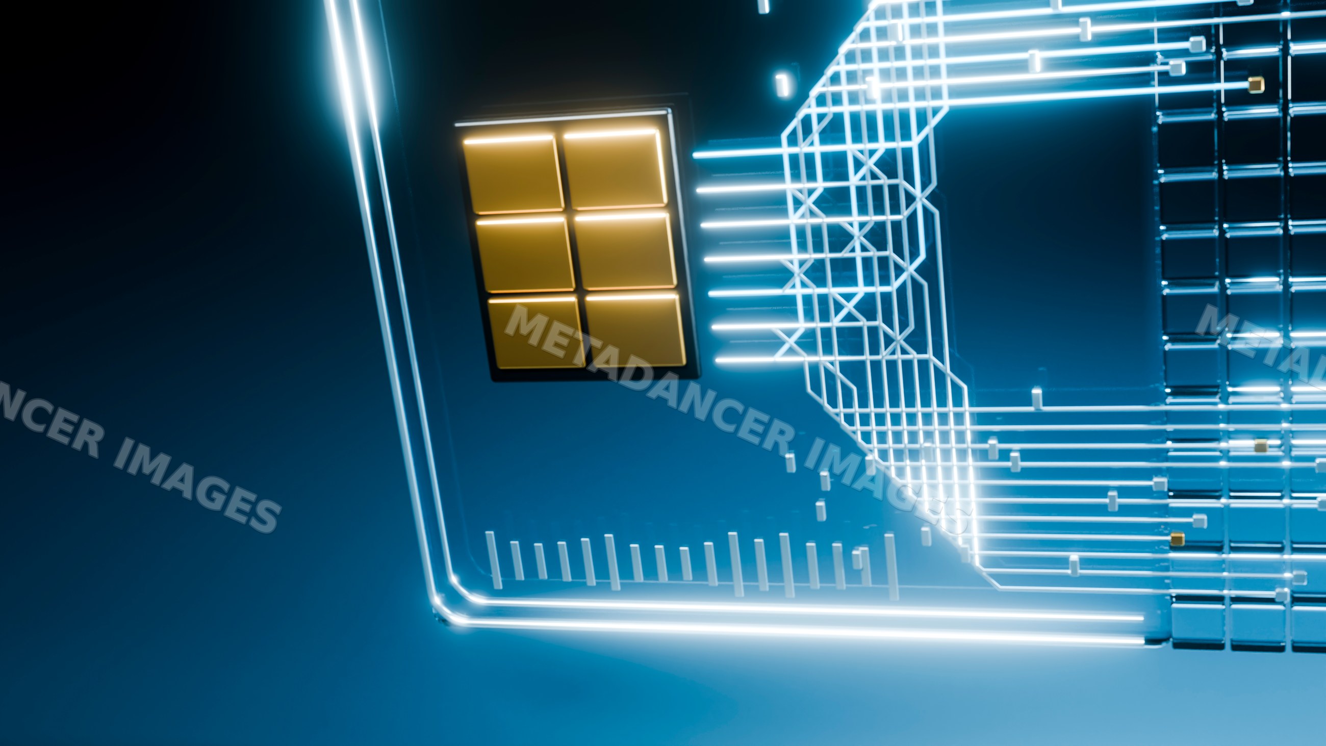 Glowing microchip with digital circuitry and data flow