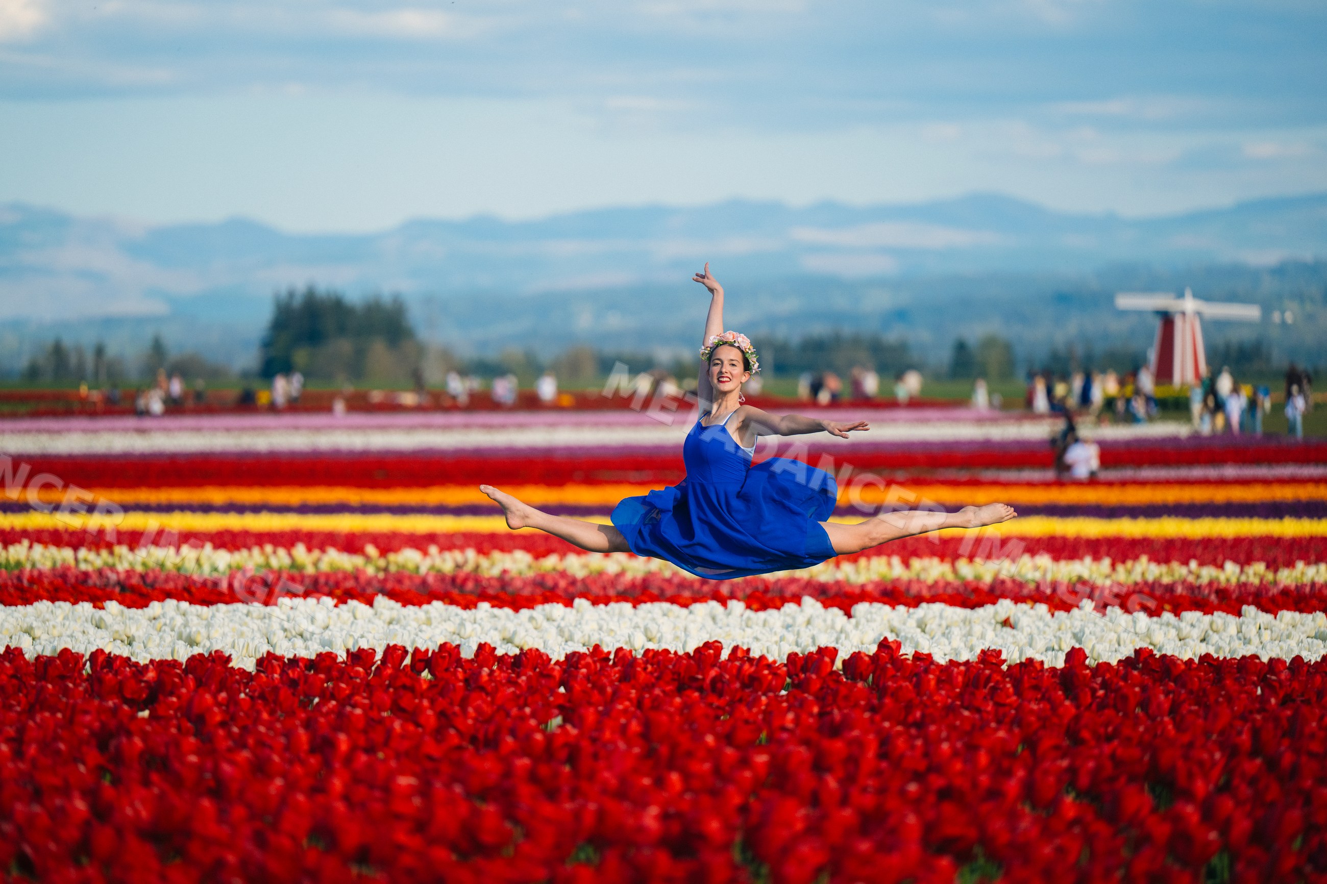 Ballet white dancer leaping over colorful tulip fields