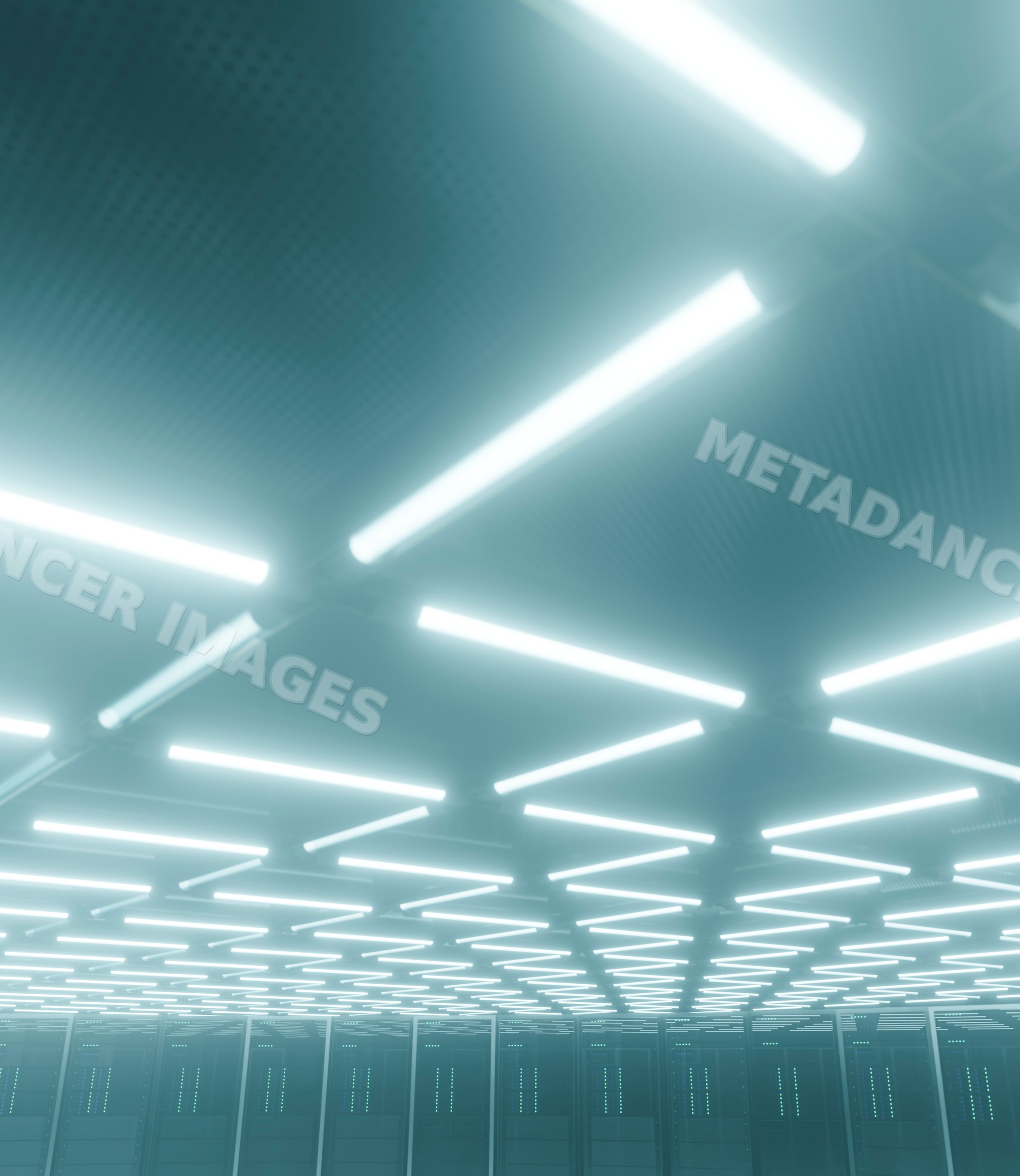 Server racks illuminated by ceiling lights in data center