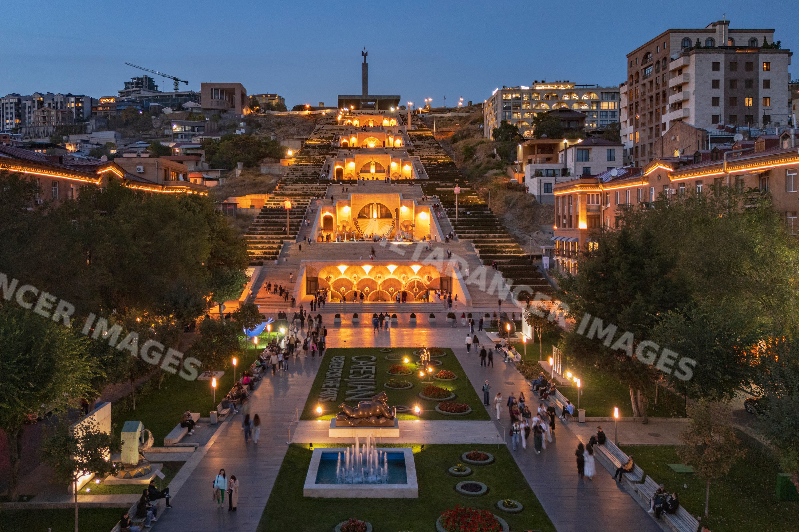 The cascade landmark stairway illuminated at dusk in yerevan Armenia