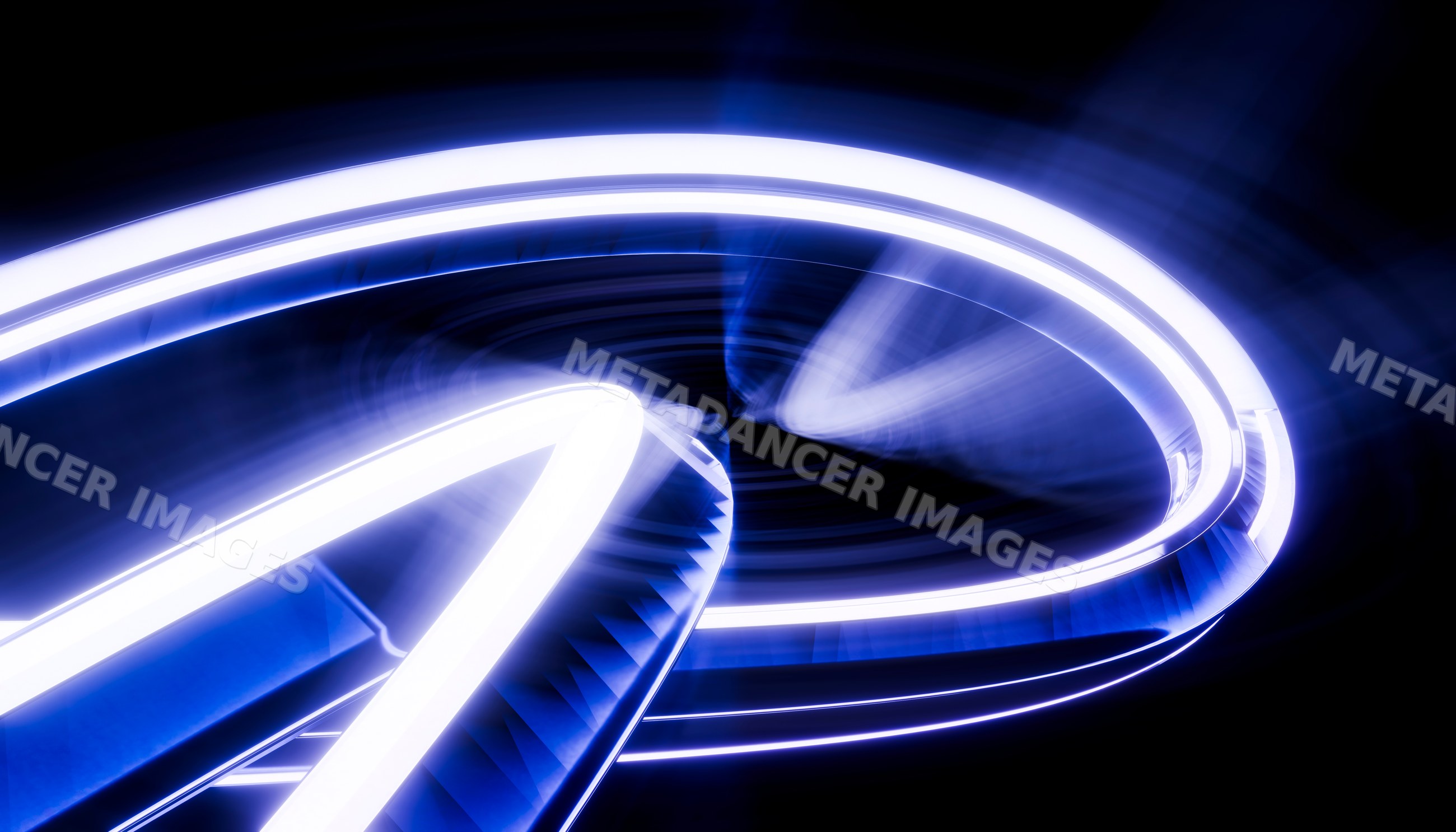 Spiral structure glowing with dynamic blue light trails