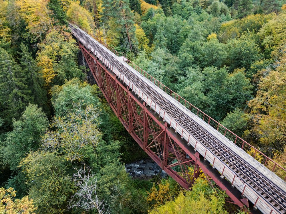 Railway Bridge over river in forested tsagveri, Georgia