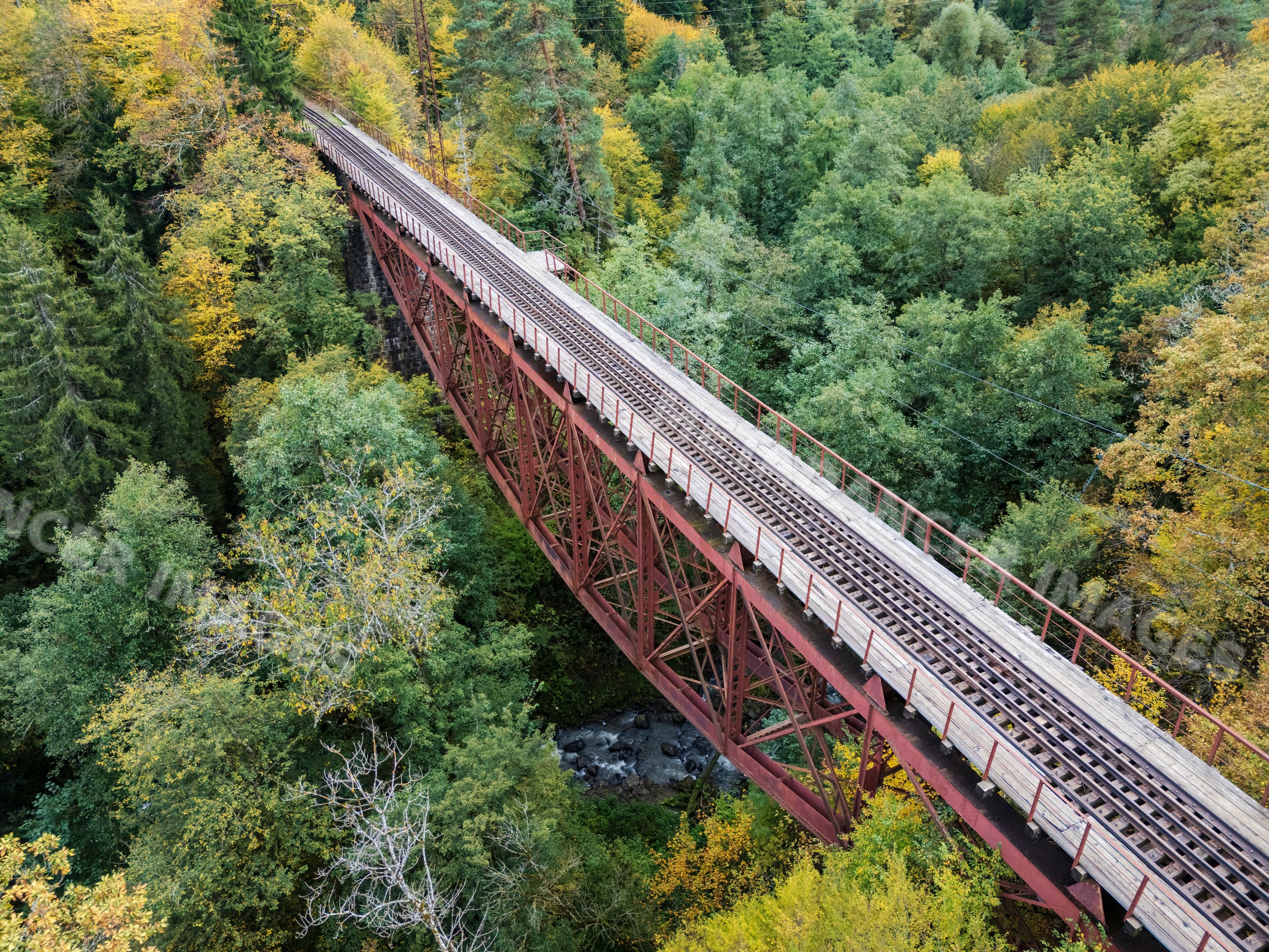 Railway Bridge over river in forested tsagveri, Georgia