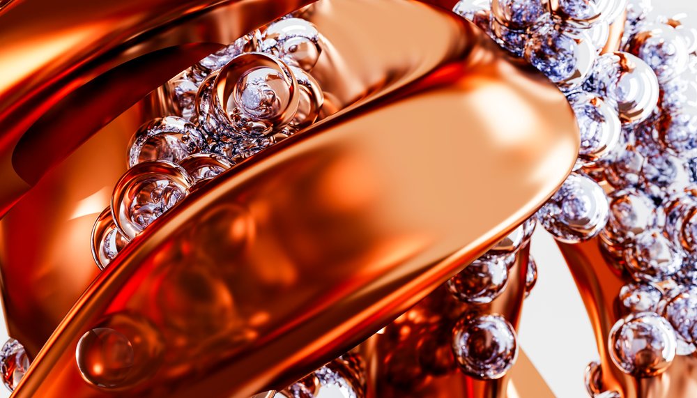 Closeup of flowing copper and silver metallic liquid with bubbles
