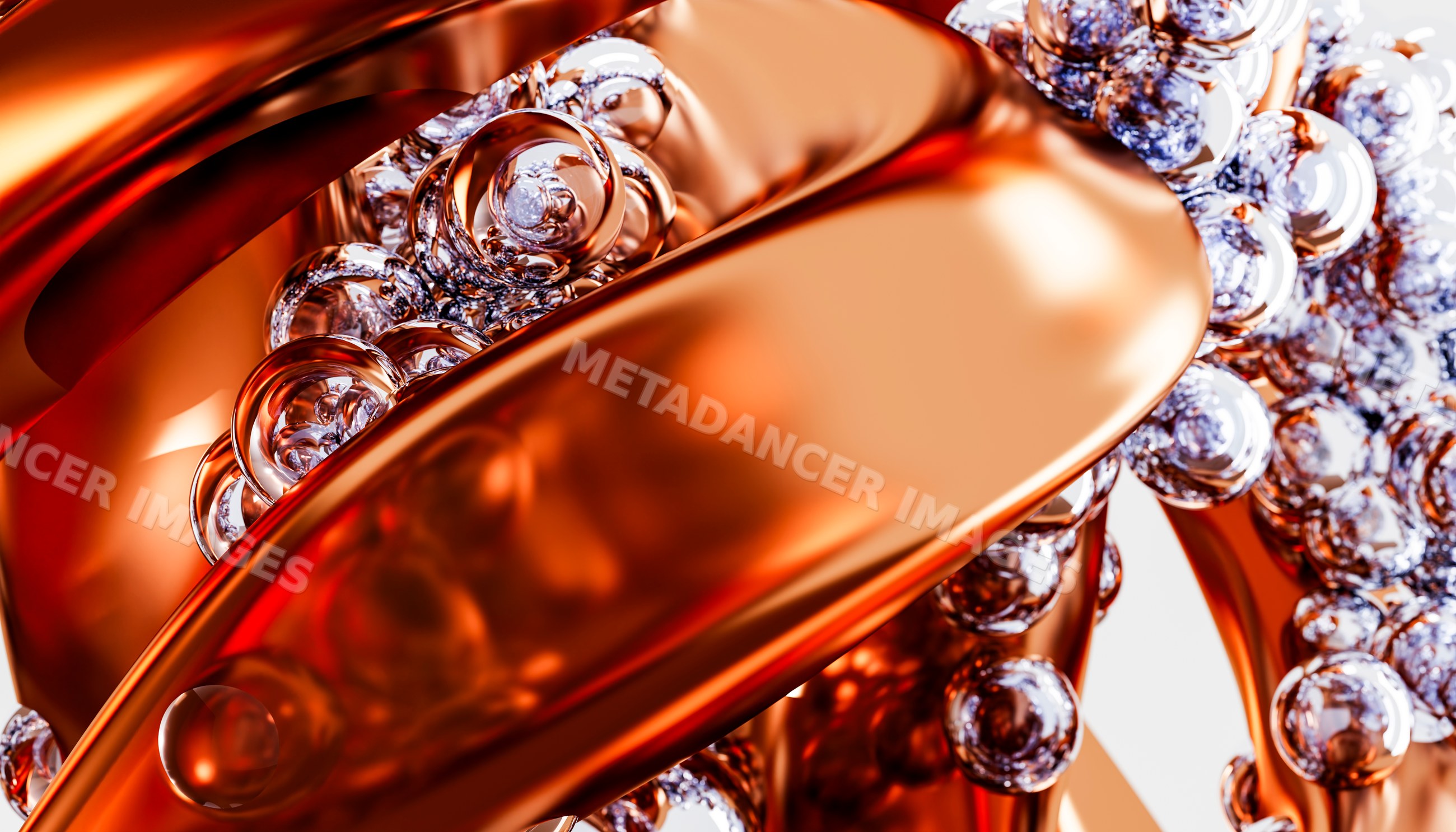 Closeup of flowing copper and silver metallic liquid with bubbles