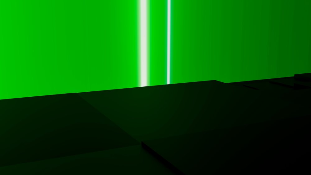 Dark stage with glowing green vertical light beams in abstract design