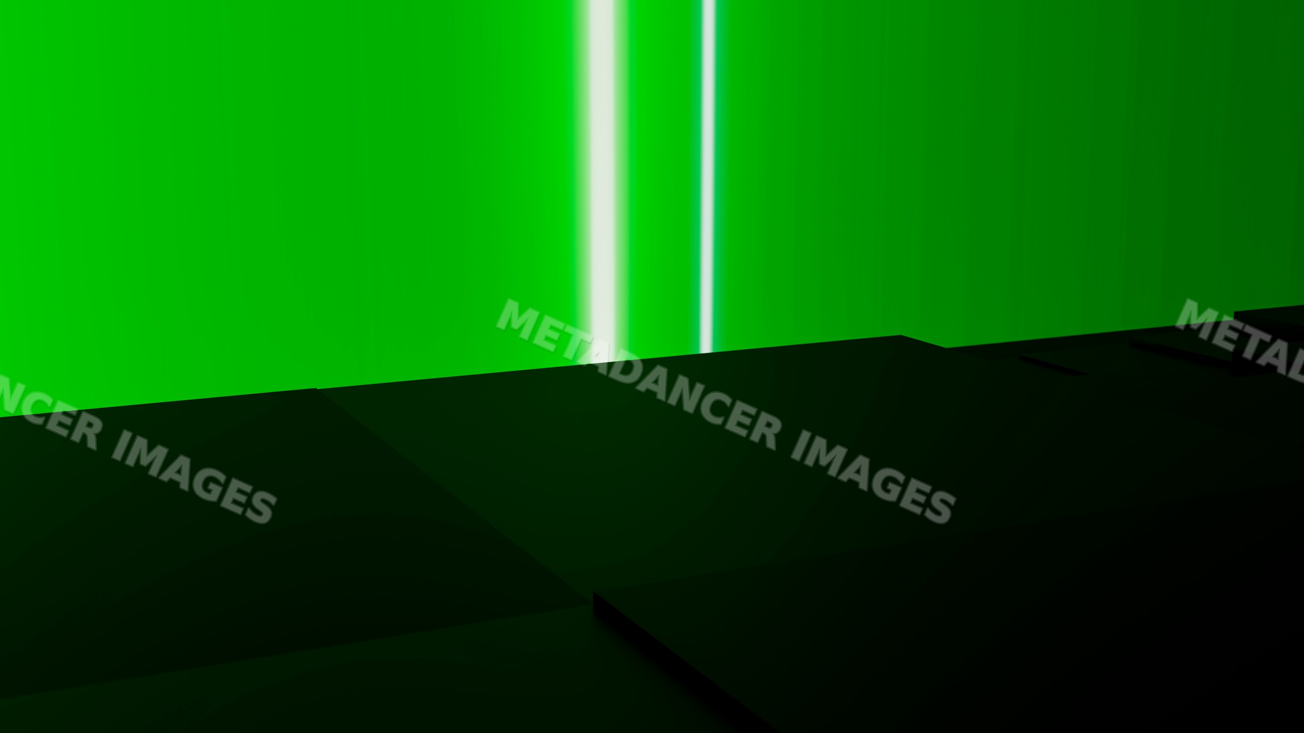 Dark stage with glowing green vertical light beams in abstract design
