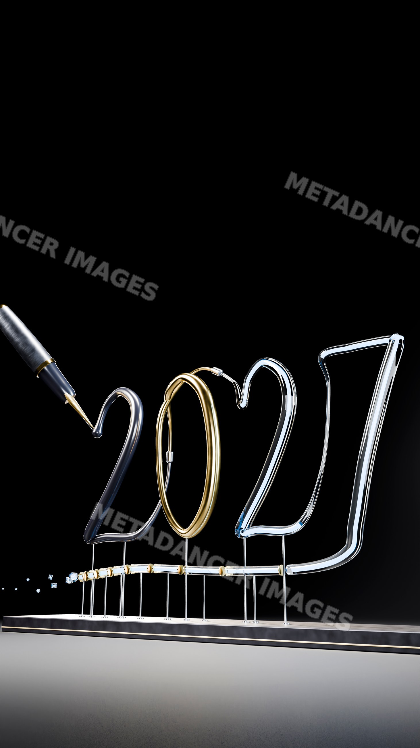 Metallic numbers 2027 with pen writing number two on black background