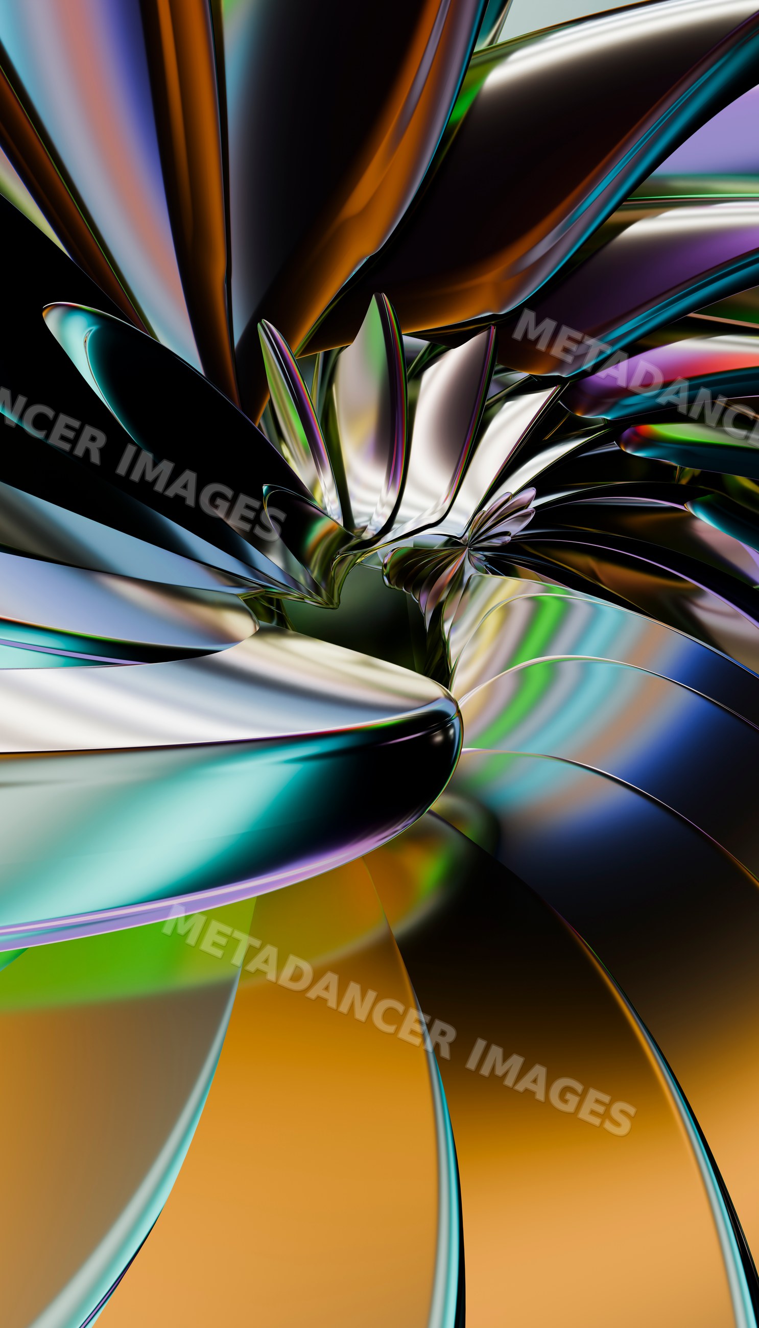 Abstract shiny metallic twisted spiral with colorful reflections