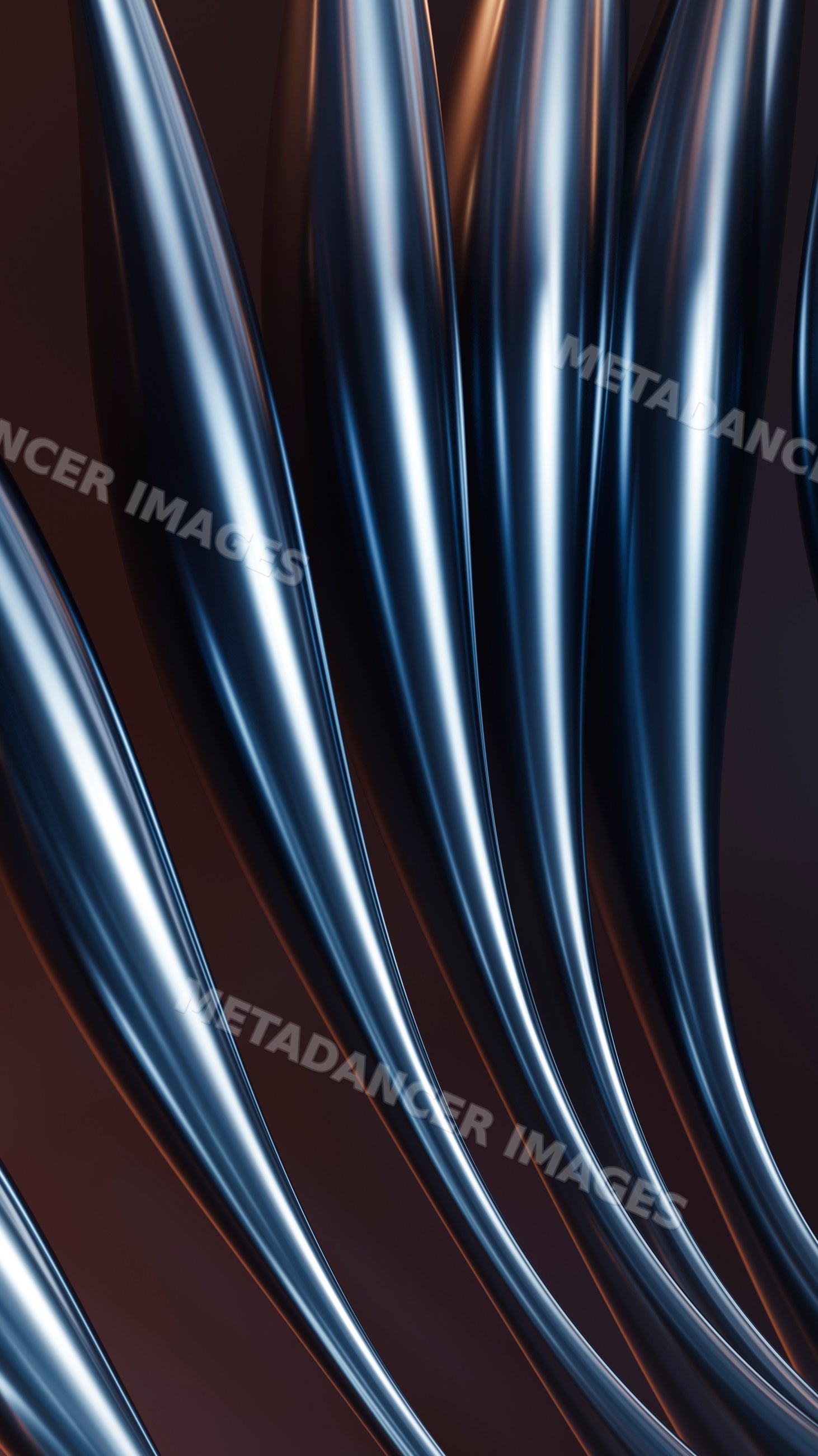 Abstract metallic blue curved lines with reflective surfaces