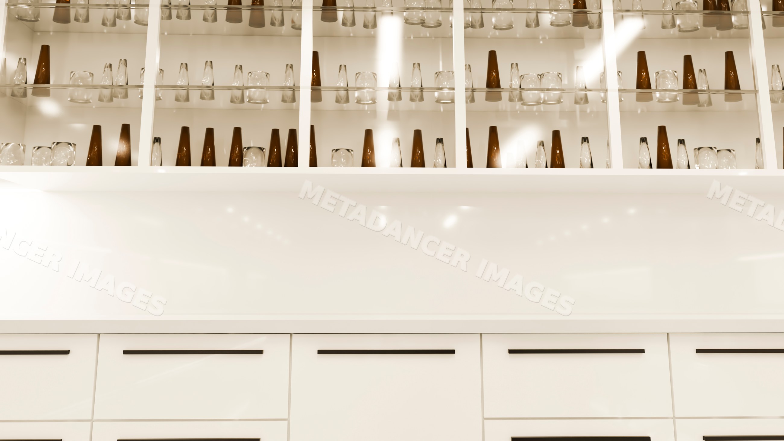 Modern kitchen shelves with glassware and brown bottles