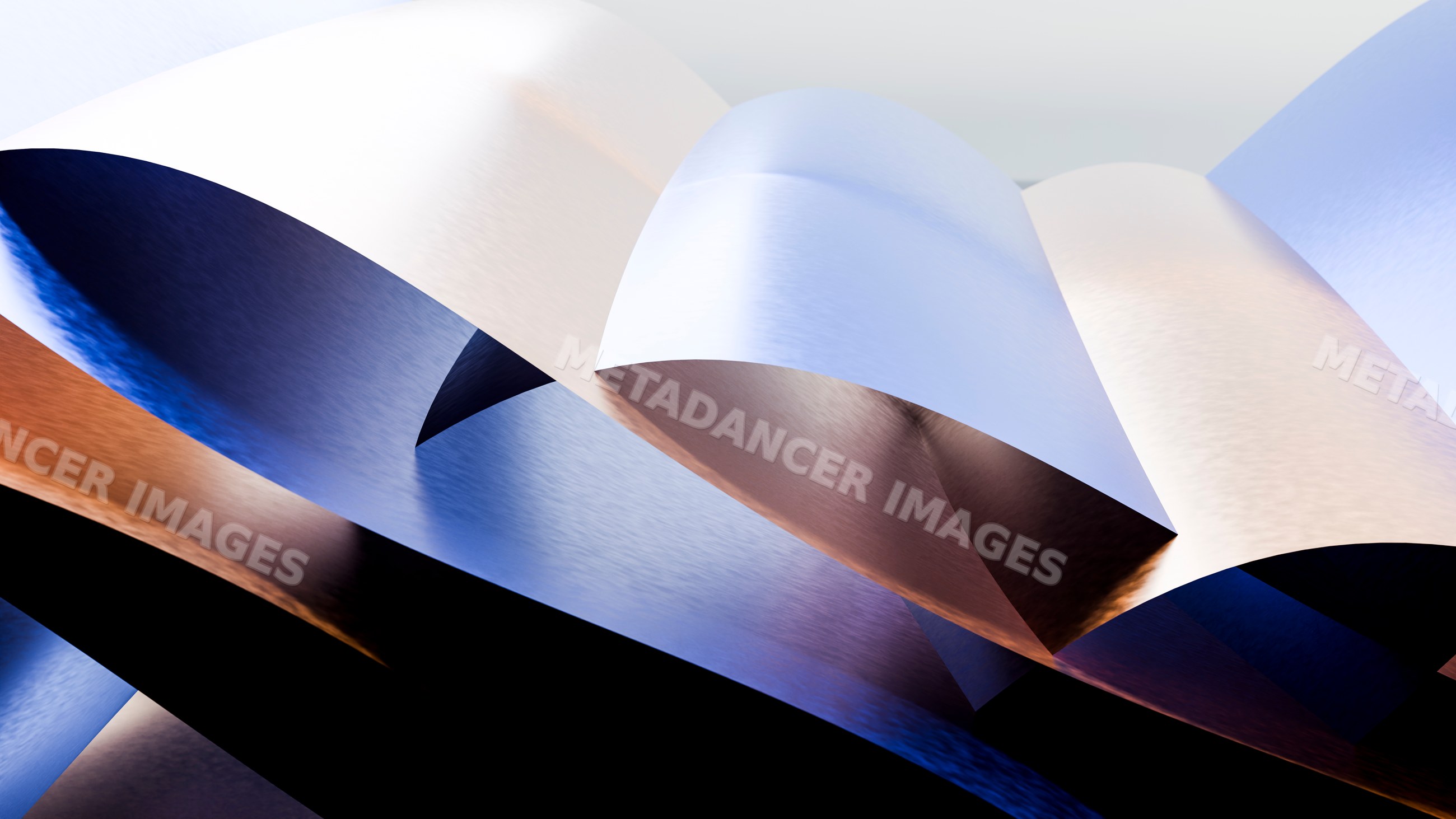 Abstract metallic curved shapes with reflective blue and copper