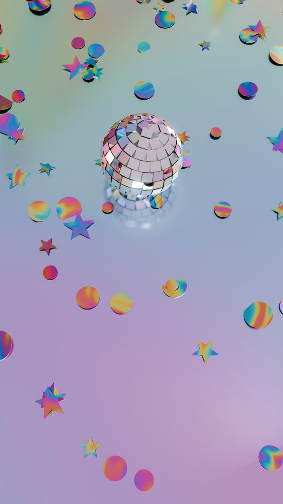 Disco ball with colorful holographic star and circle confetti