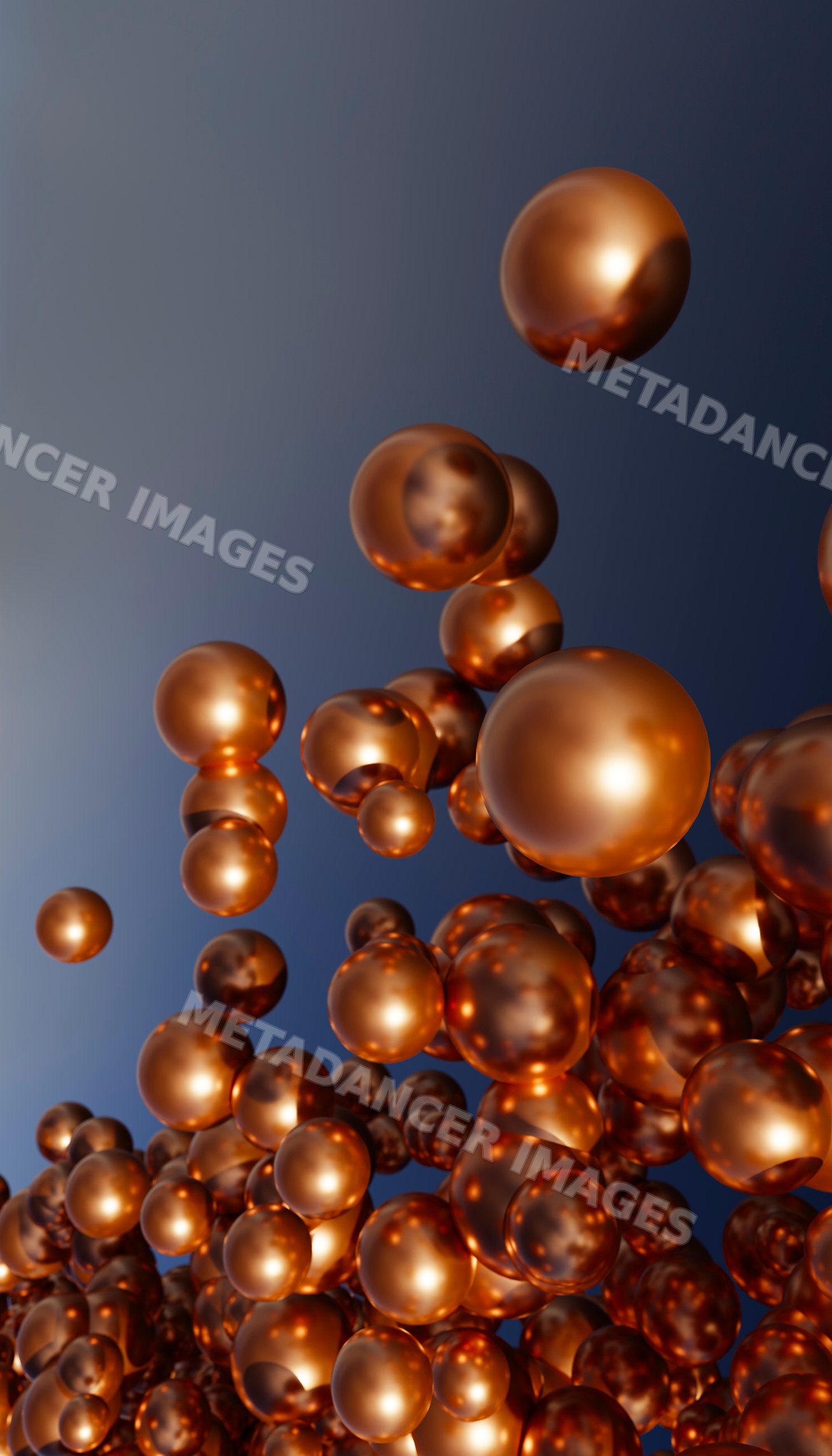 Cluster of floating copper metallic spheres on gradient blue