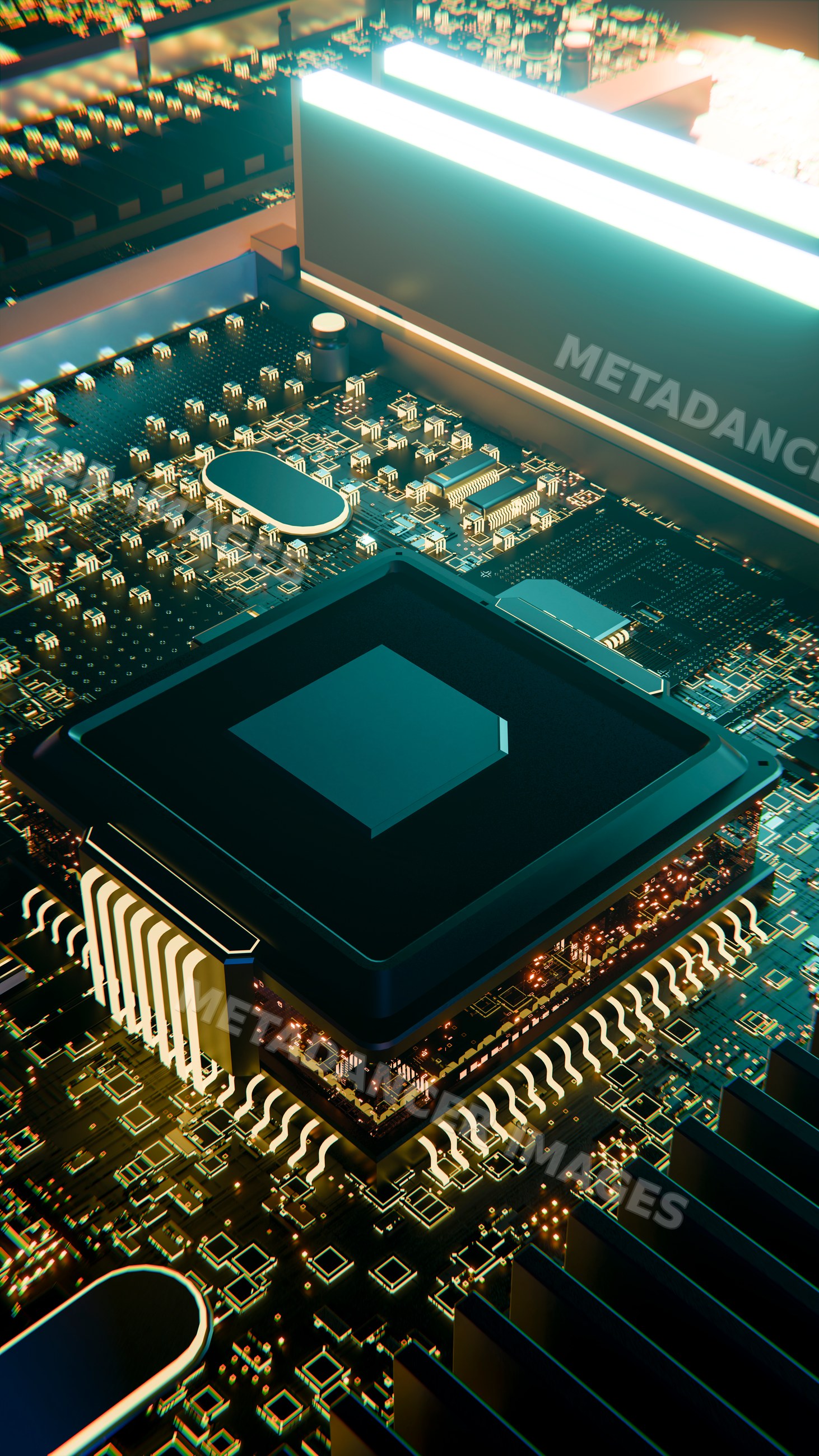 Microprocessor chip on circuit board in detailed digital illustration
