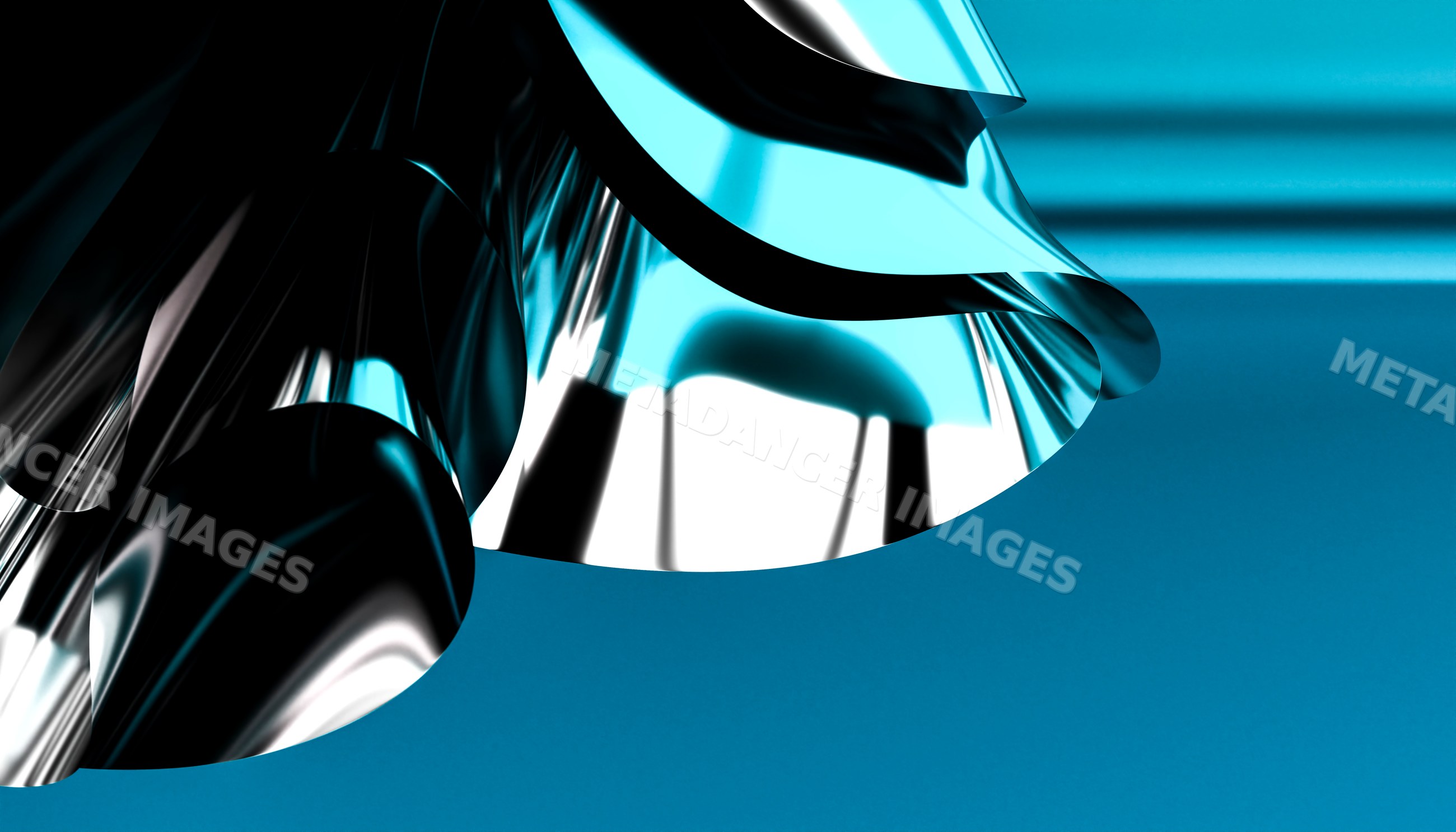 Shiny curved metal foil with reflective blue and silver surface