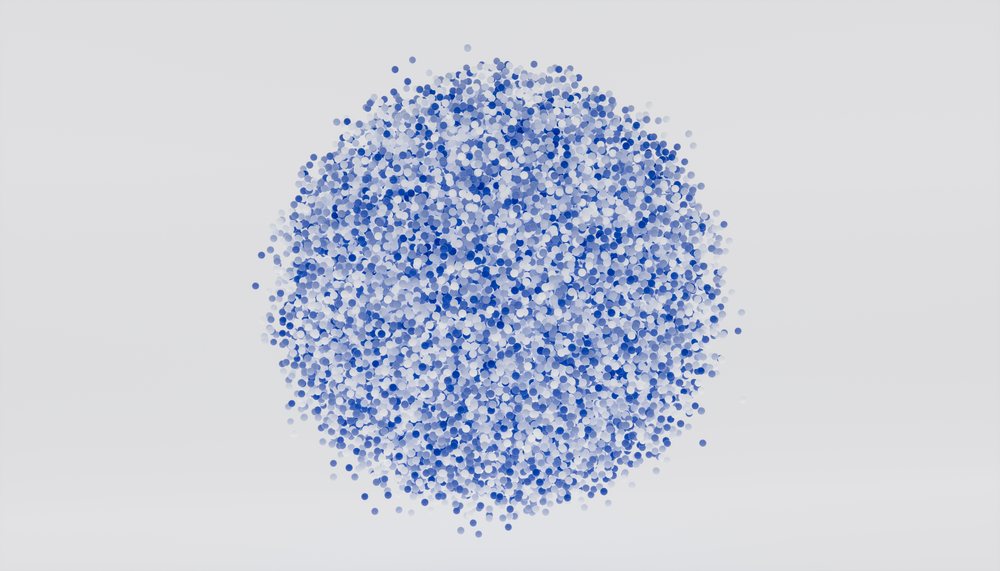 A 3d particle cluster forms a spherical shape on white background
