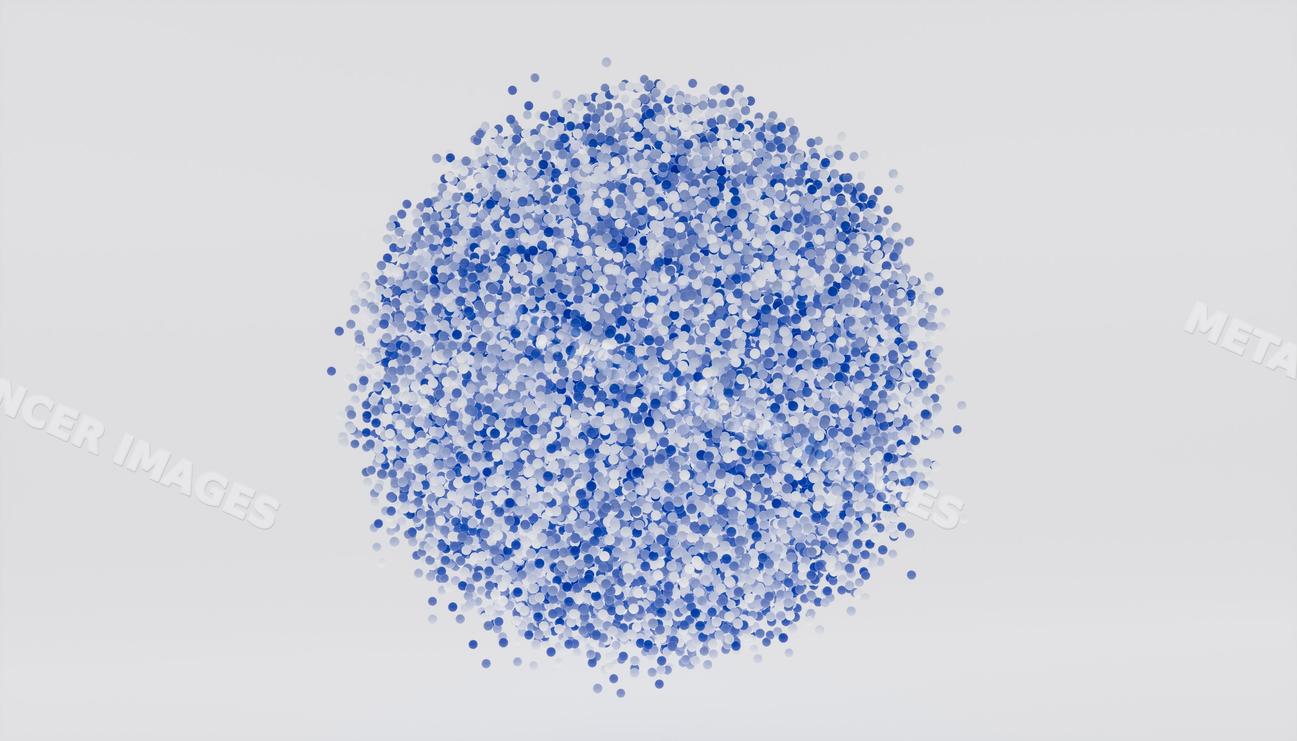 A 3d particle cluster forms a spherical shape on white background