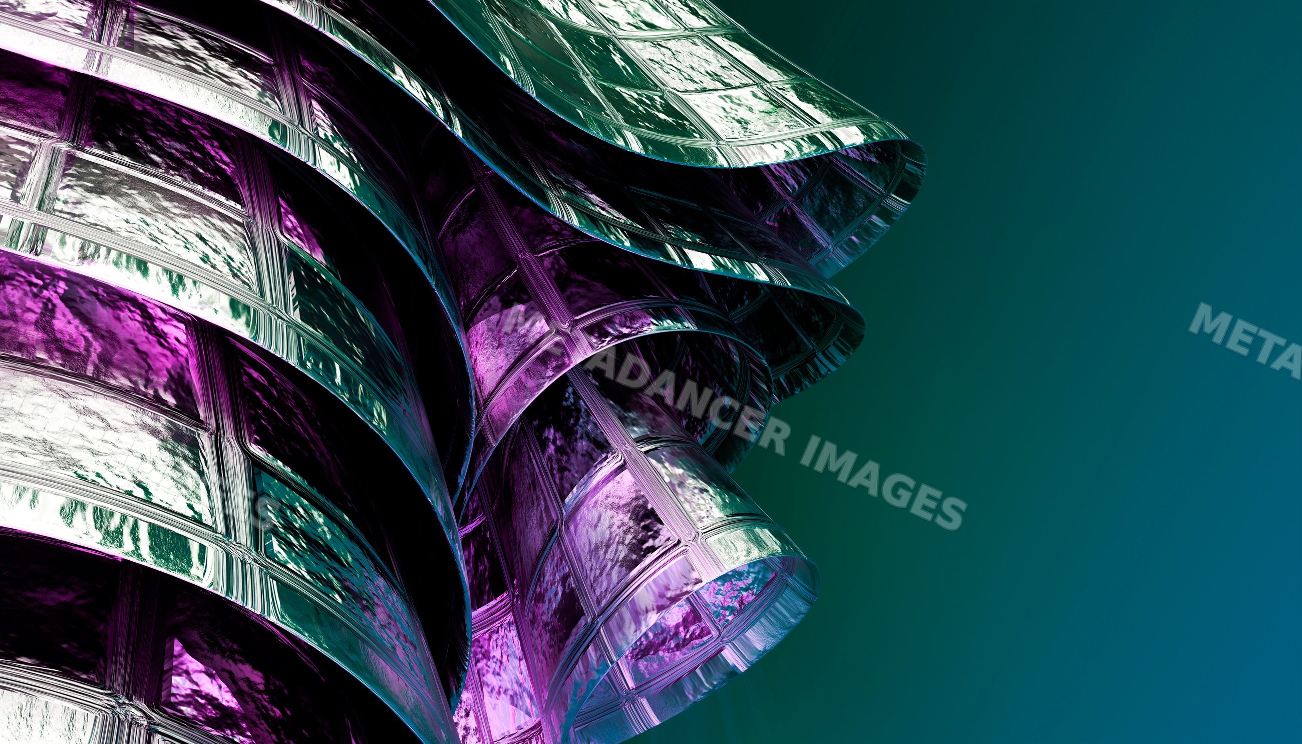 Curved and folded translucent glass sheet with purple reflections