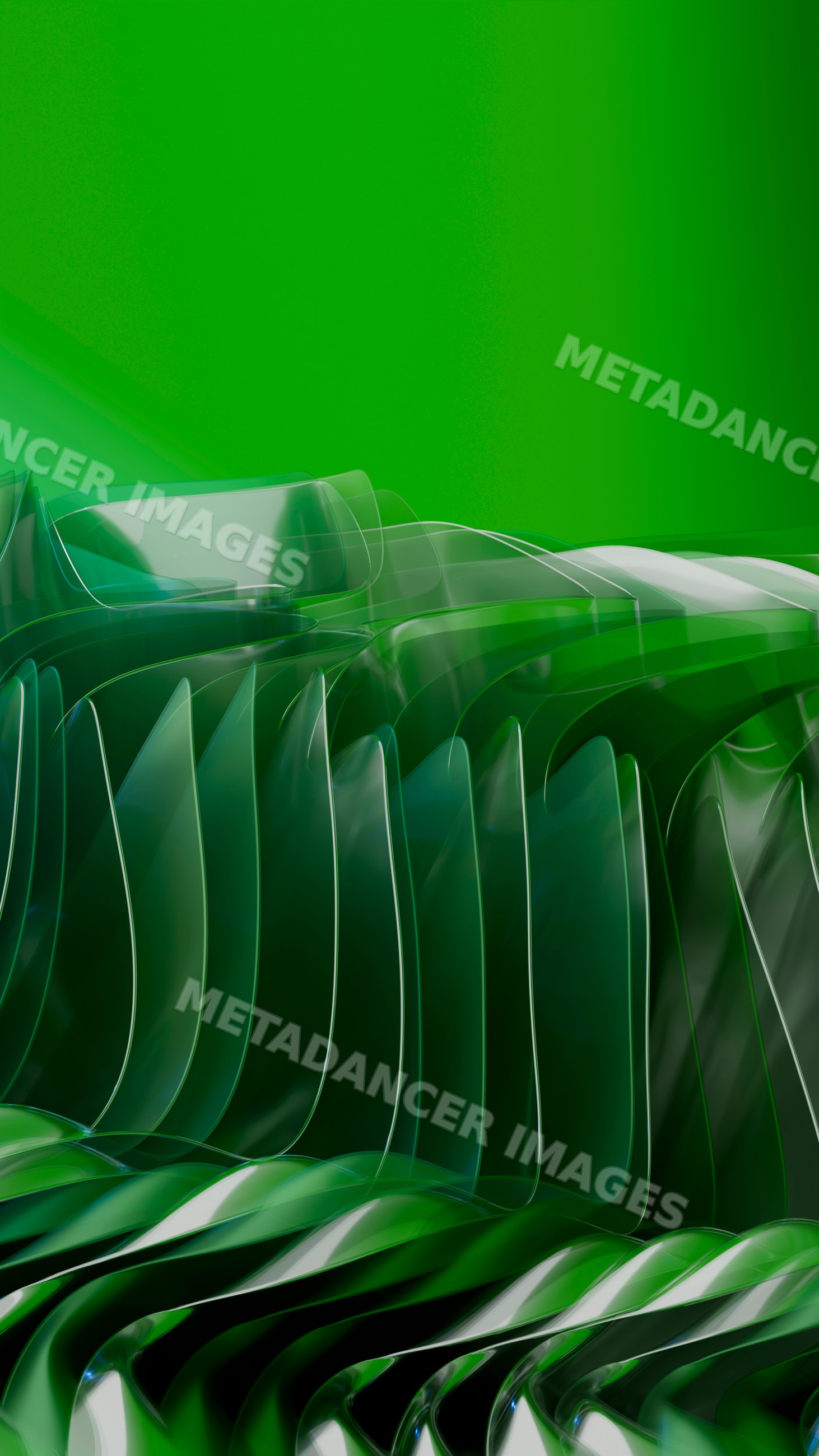 Transparent abstract glass sculpture with wavy curved shapes and green