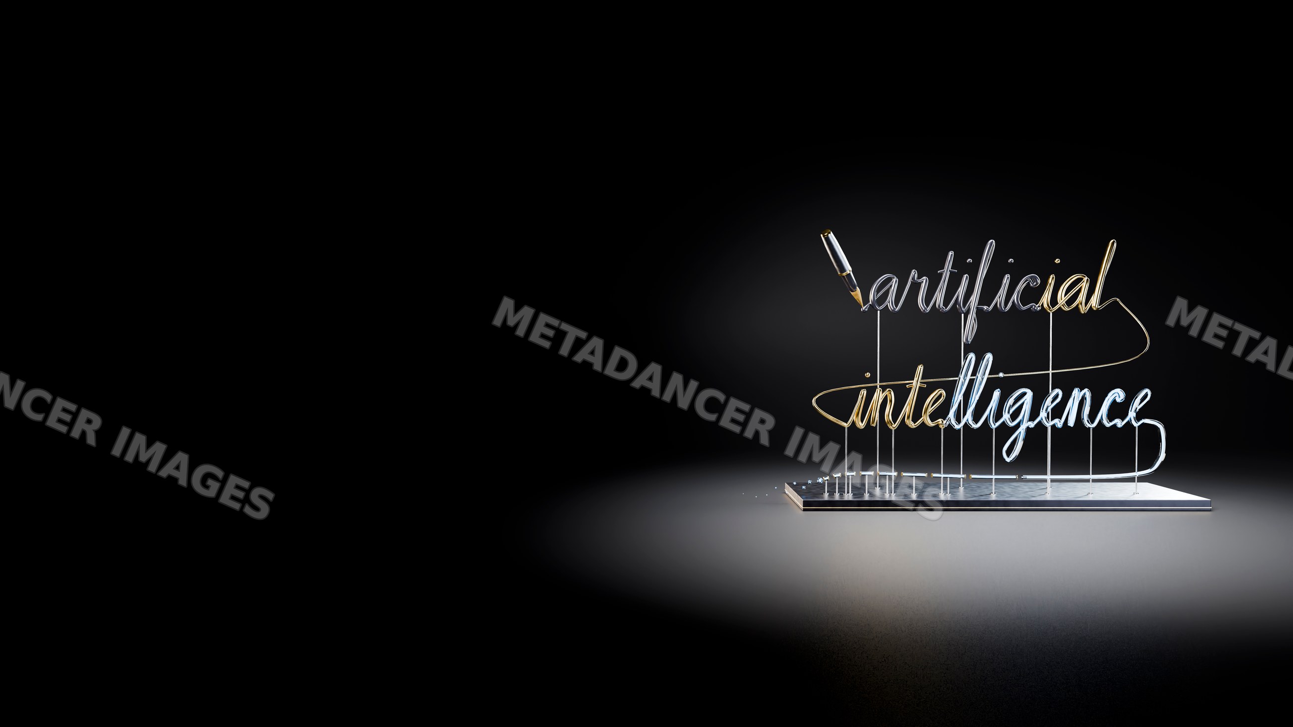 Neon sign of artificial intelligence with pen on dark background