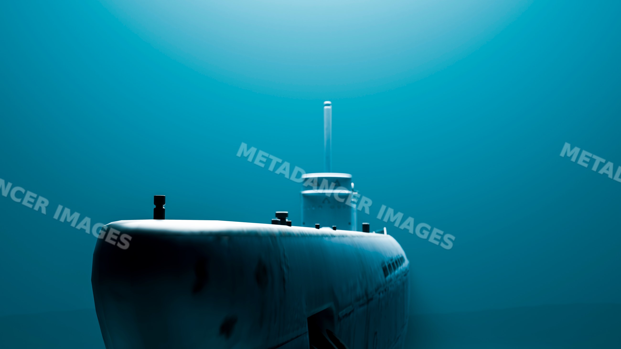 Submarine navigating underwater in deep ocean