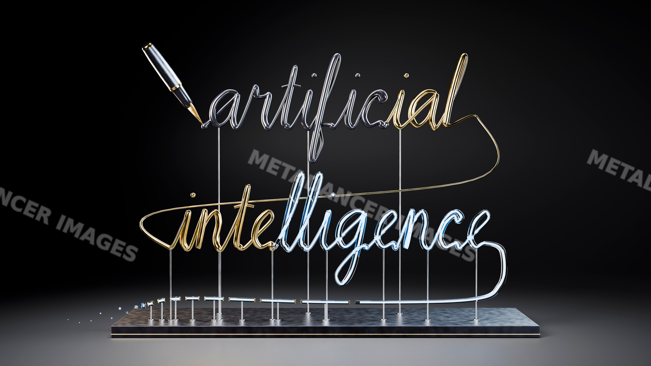 Wire sculpture displaying artificial intelligence in cursive script
