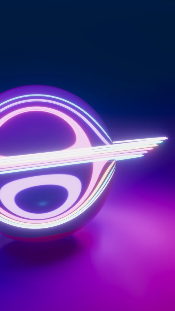 Neon glowing sphere with vibrant light streaks in digital abstract art