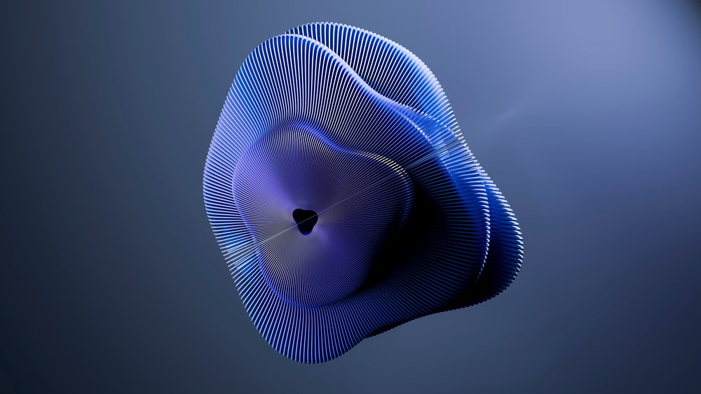 Abstract blue 3d shape with wave patterns and curved lines