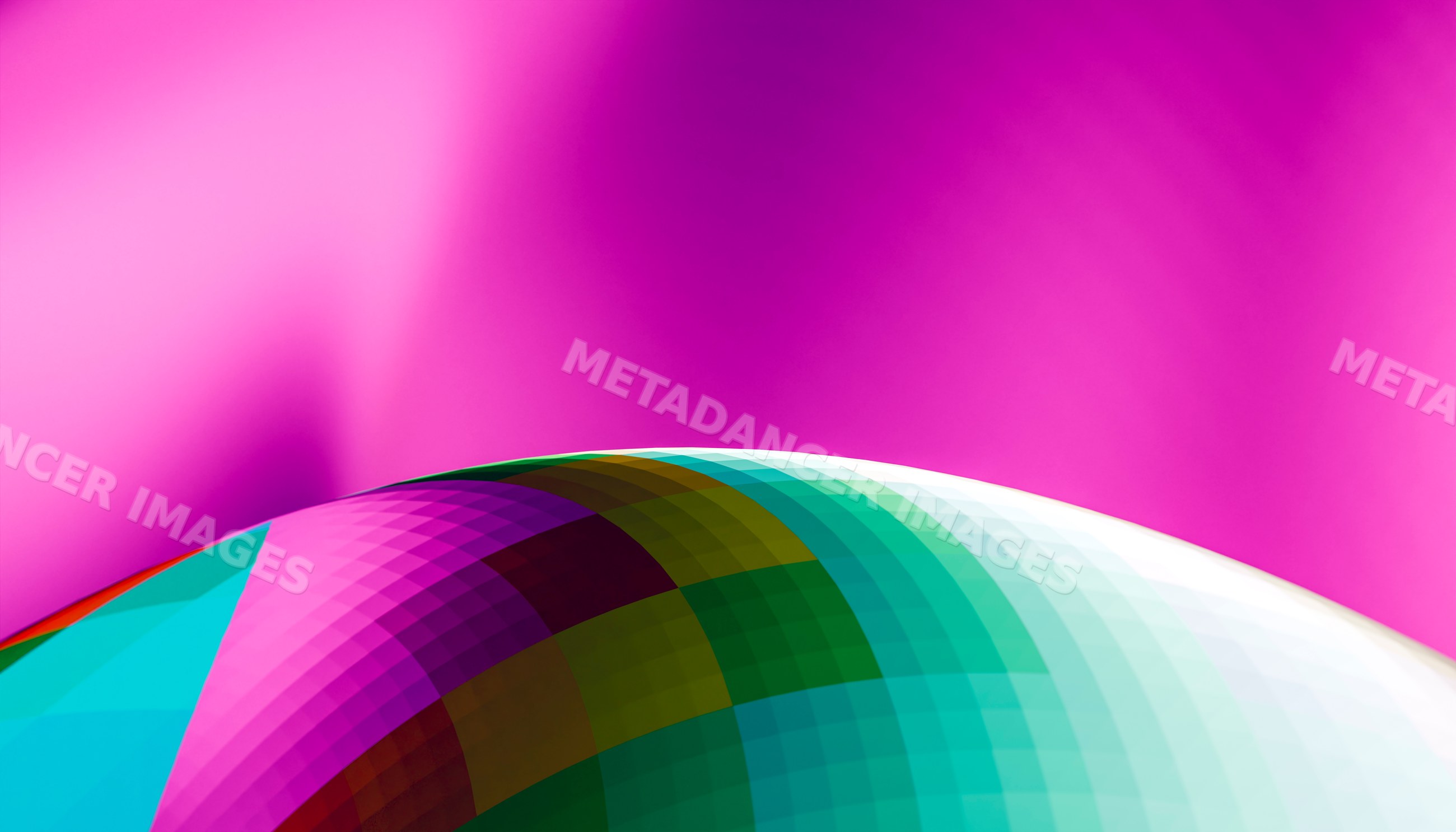 A colorful tiled dome contrasts with a vibrant pink background