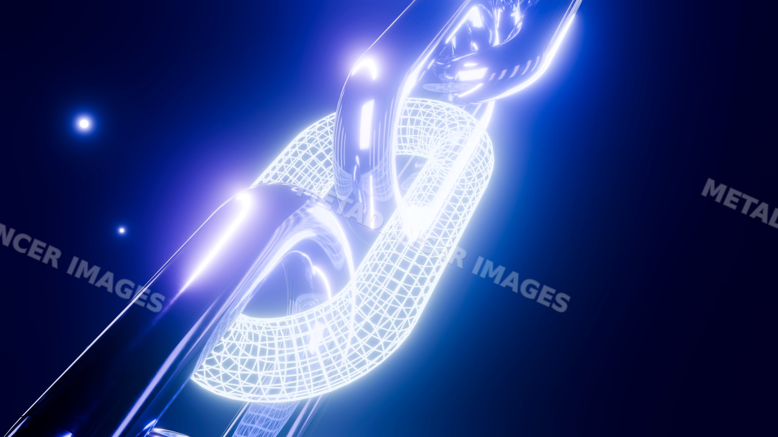 Interconnected metallic and wireframe chain links glowing