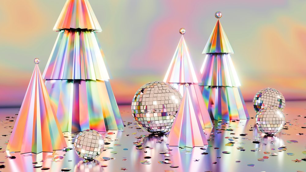 Colorful reflective christmas tree cones and disco balls