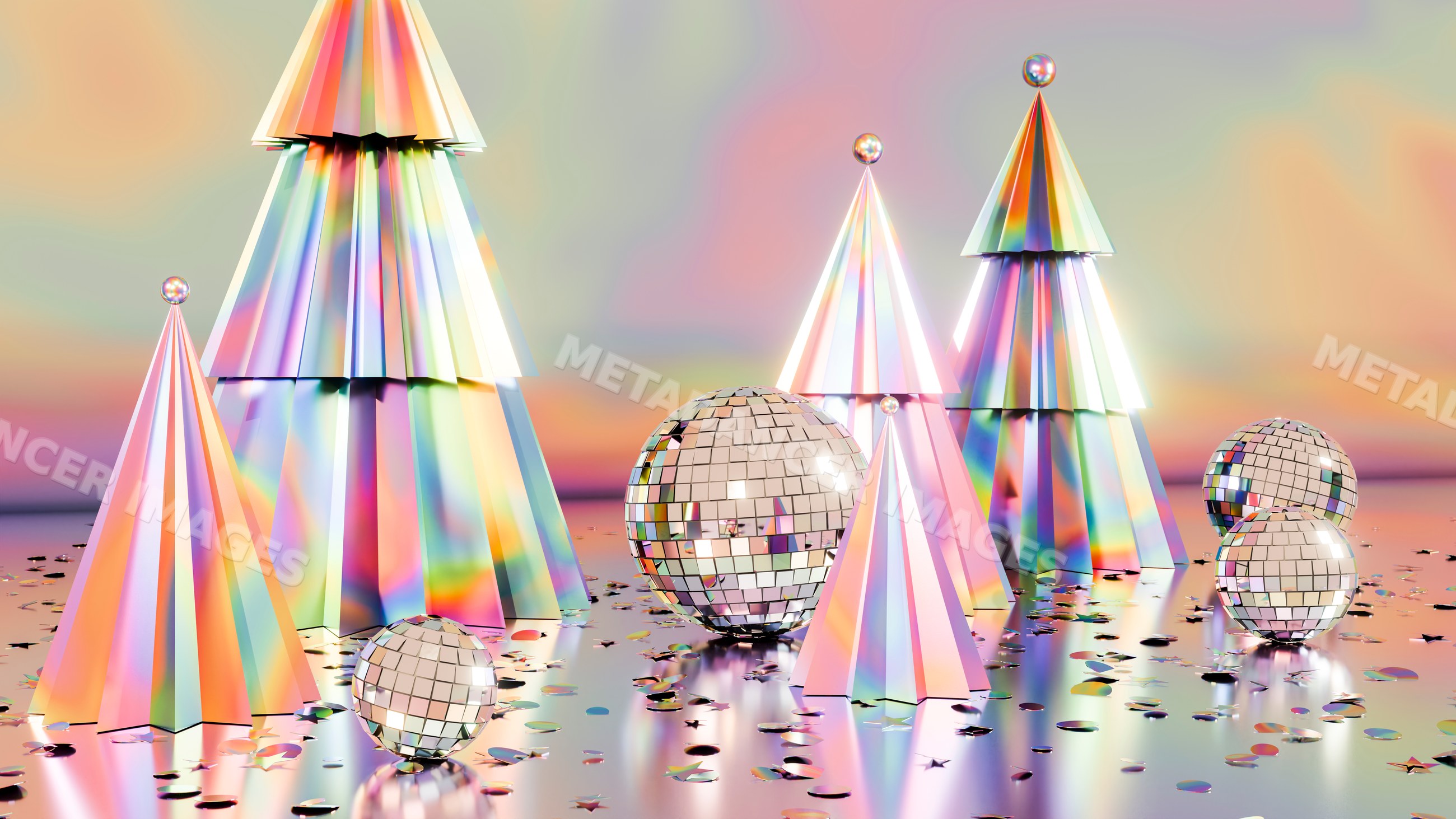Colorful reflective christmas tree cones and disco balls
