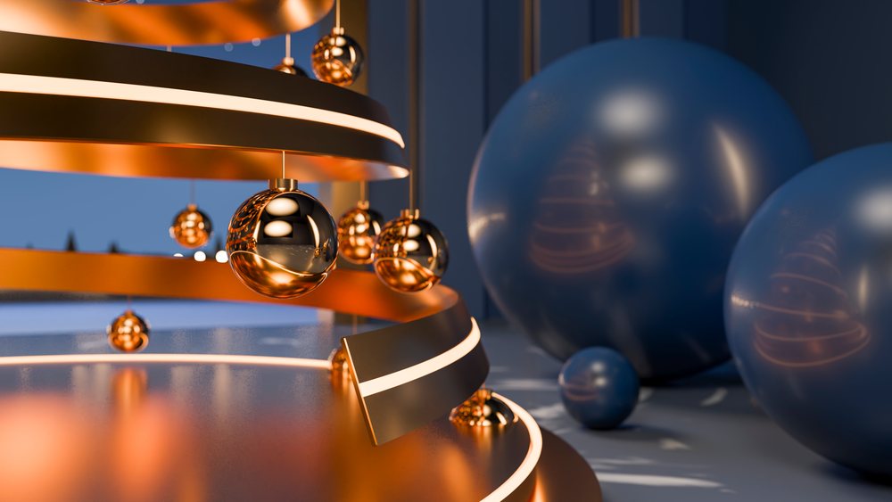 Decorative gold and blue christmas ornaments for holiday celebration