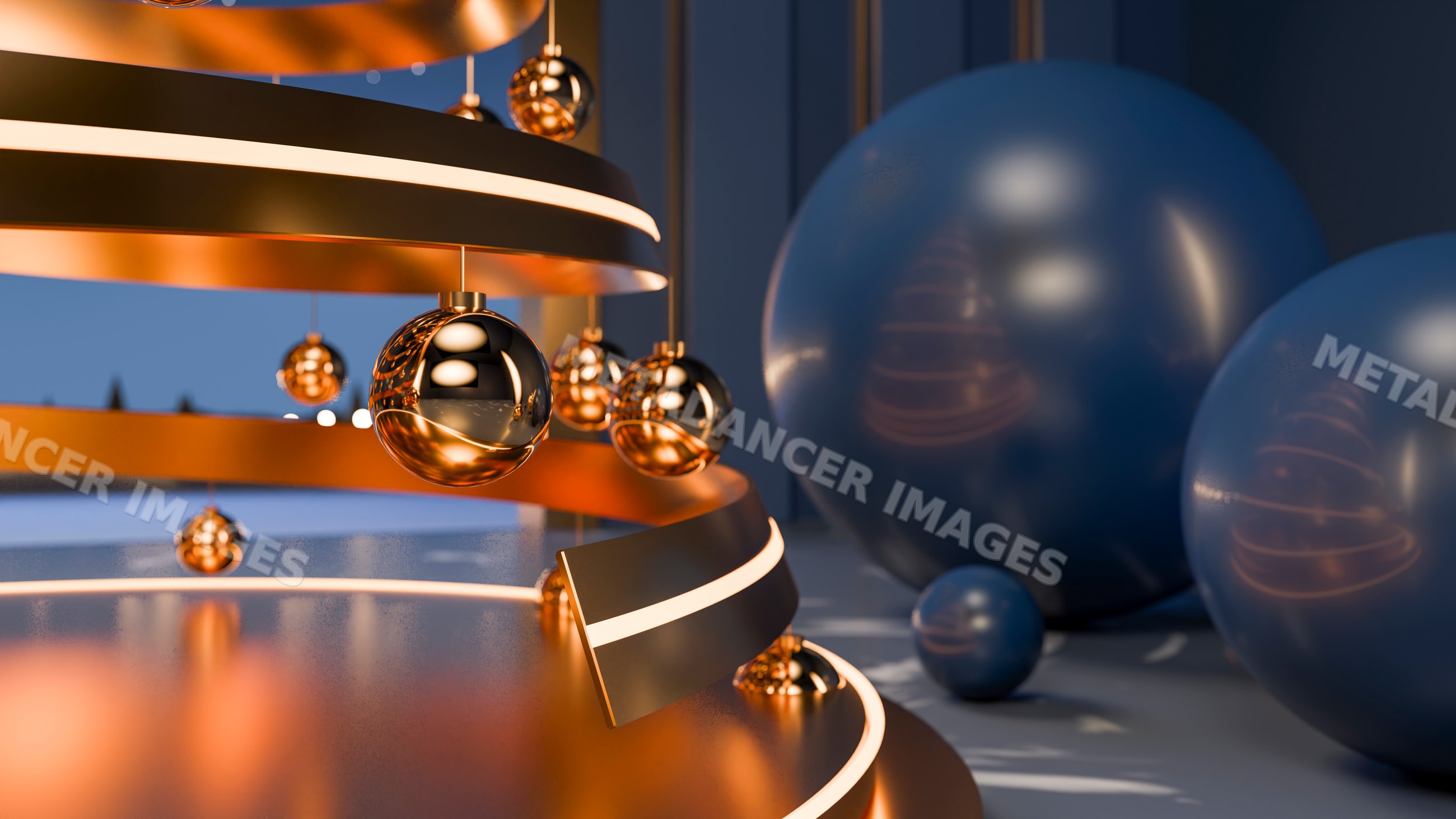 Decorative gold and blue christmas ornaments for holiday celebration