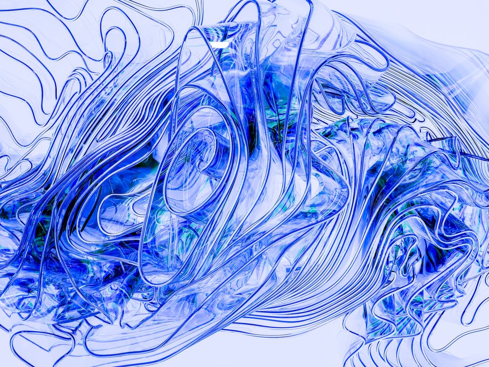 Blue abstract glass sculpture with fluid twisting lines