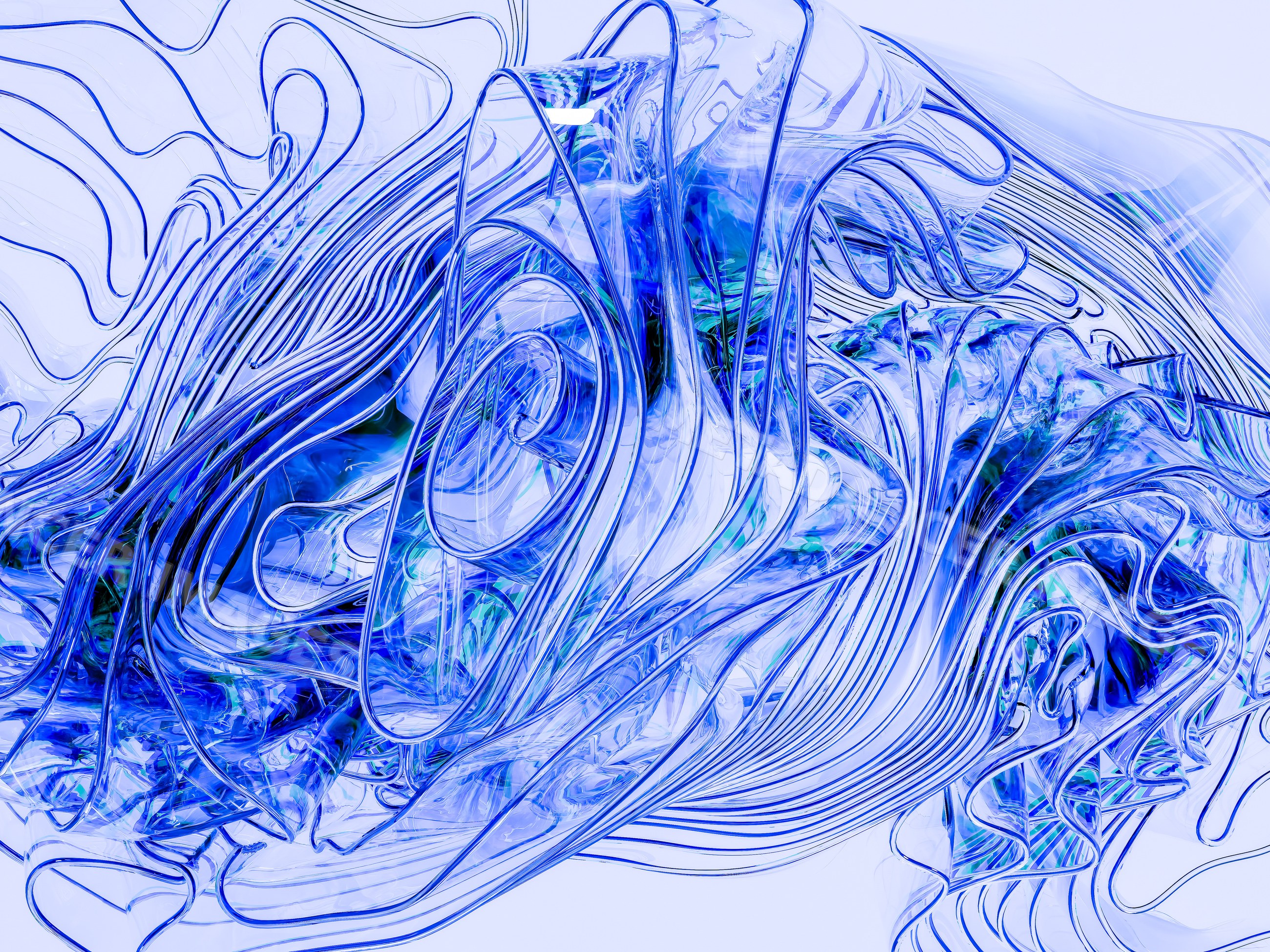 Blue abstract glass sculpture with fluid twisting lines