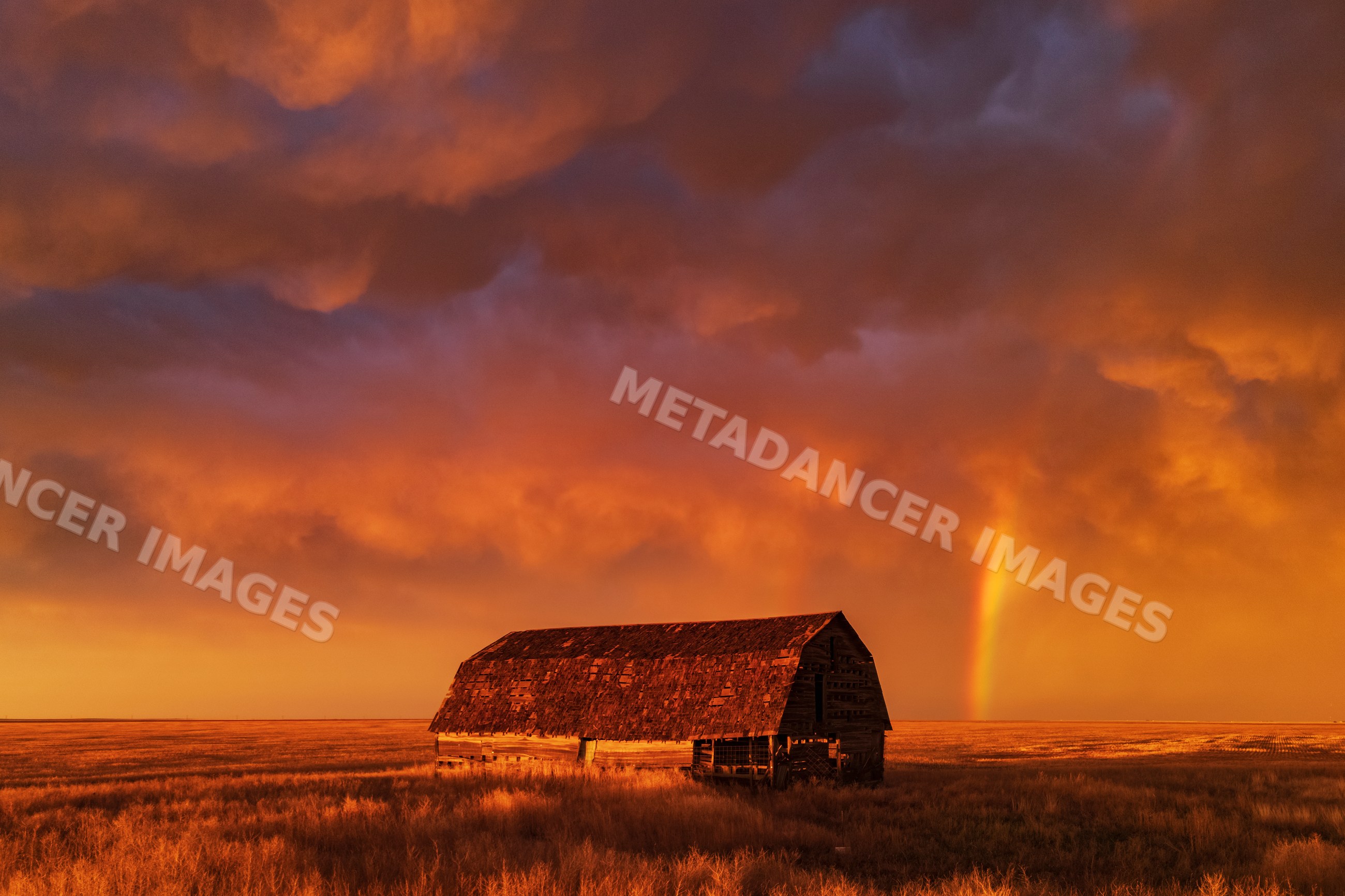Old barn under orange Sunset sky with storm clouds and Rainbow