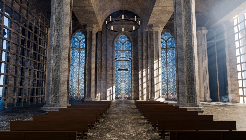 Medieval gothic church interior with stained glass windows