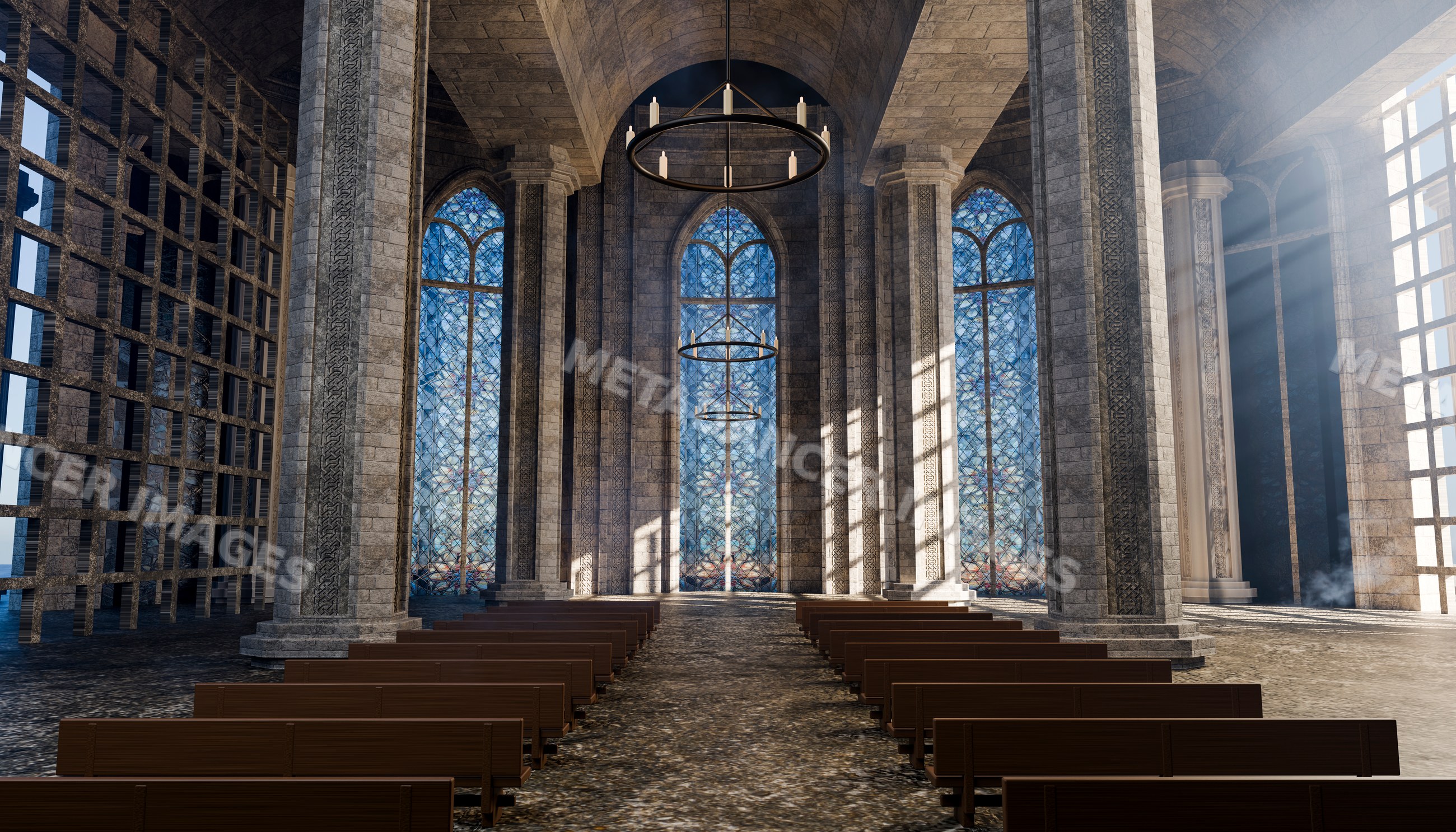 Medieval gothic church interior with stained glass windows