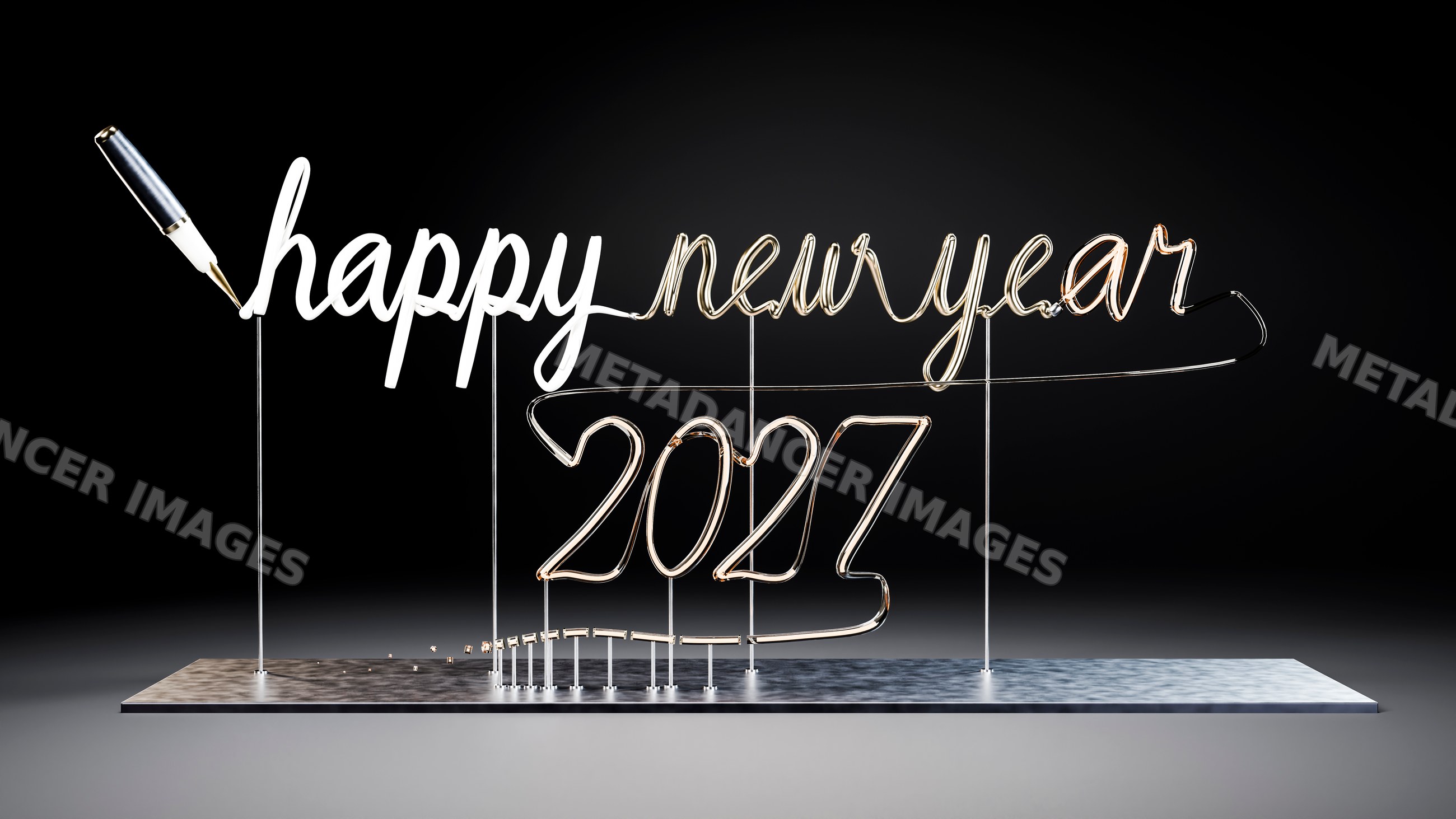 Wire sculpture spelling happy new year 2027 with calligraphy pen