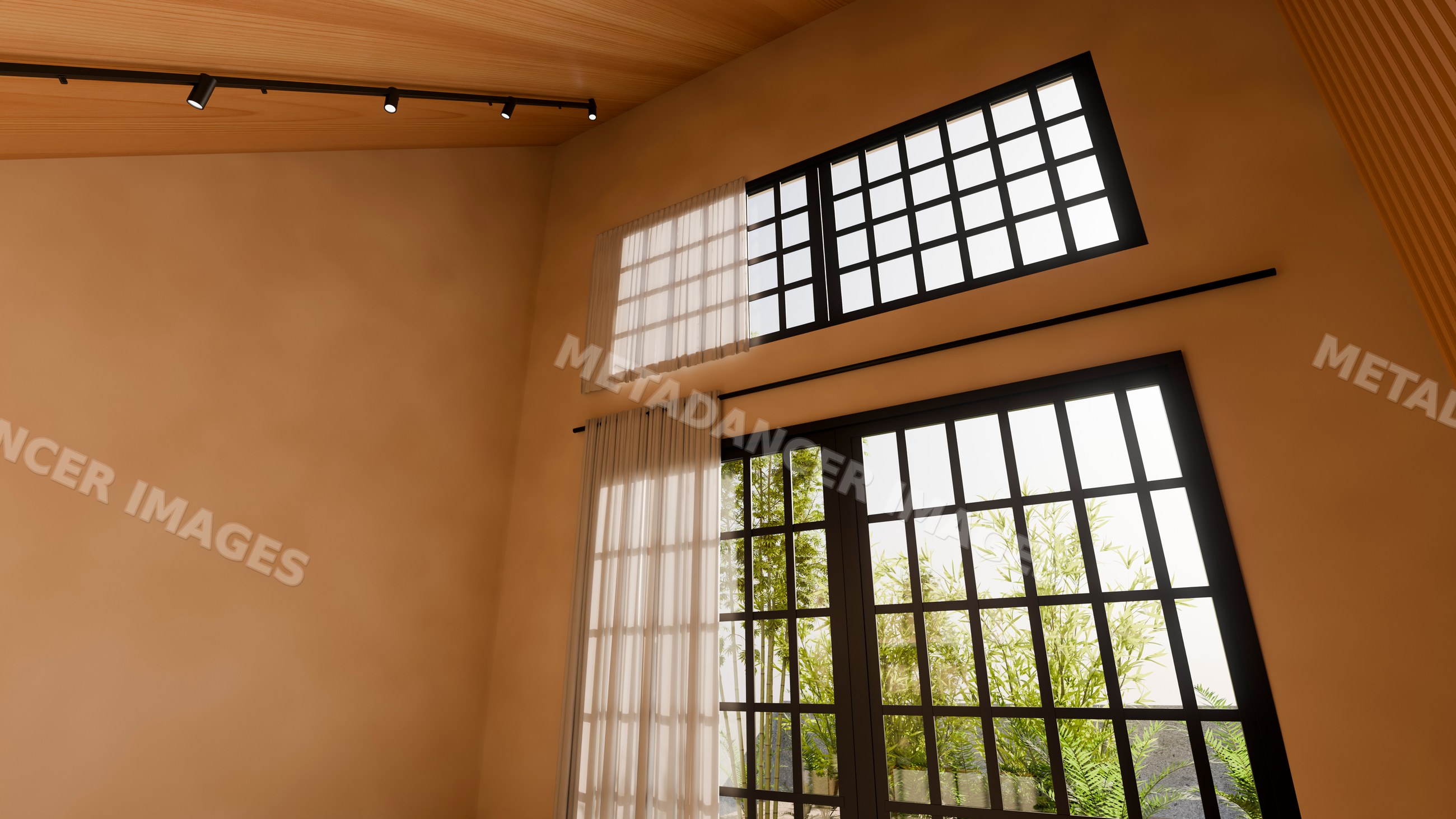 Windows with sheer curtains and indoor plants in modern interior