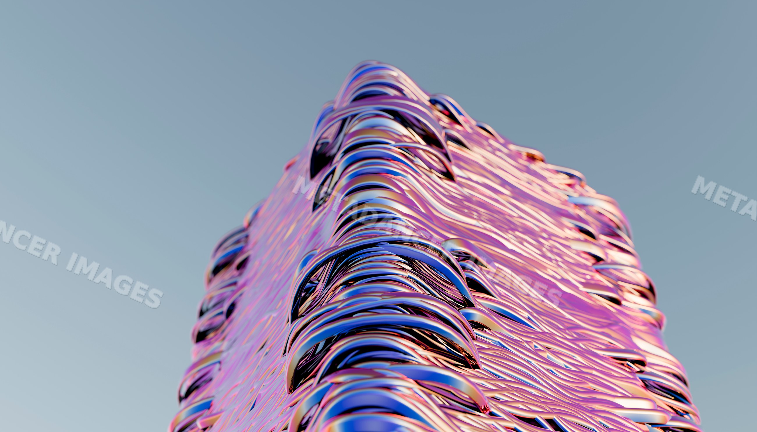 Abstract modern sculpture with shiny metallic wavy surface